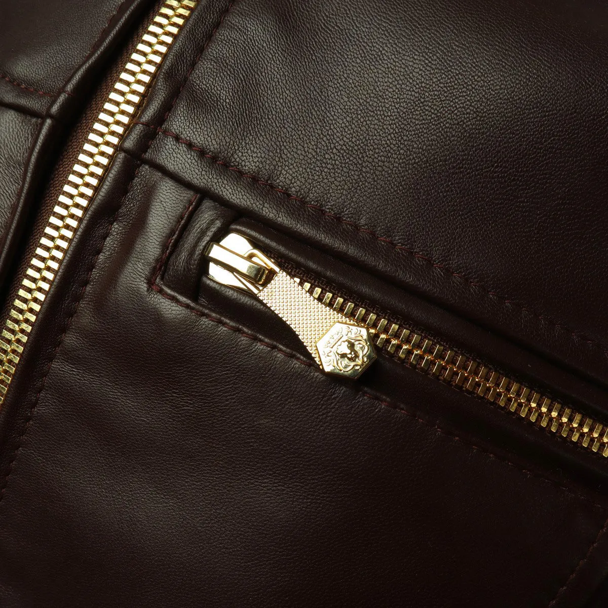 Brune & Bareskin Classic Dark Brown Leather Jacket with Ban Neck Collar and Front Zipper Pockets