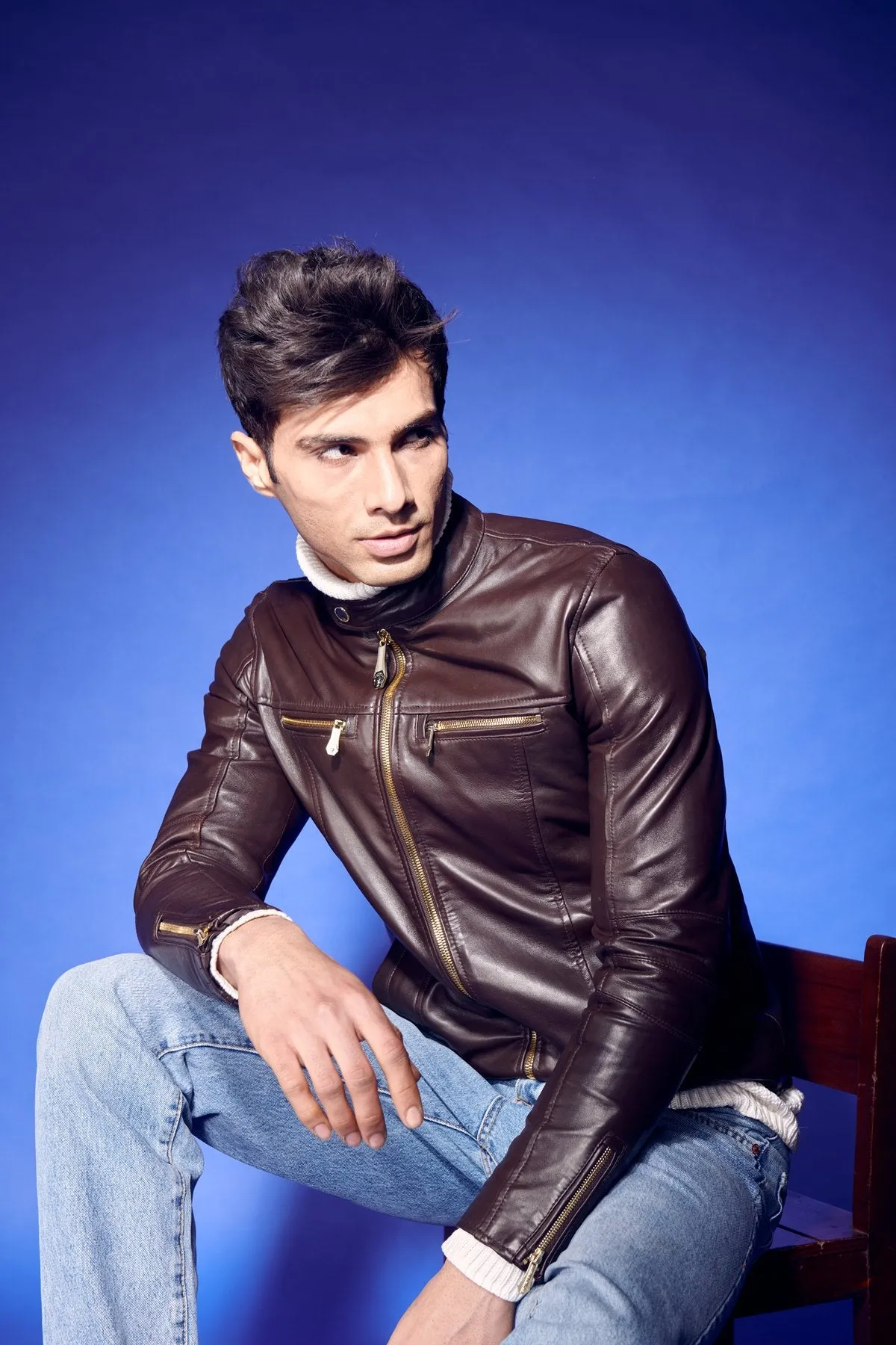 Brune & Bareskin Classic Dark Brown Leather Jacket with Ban Neck Collar and Front Zipper Pockets