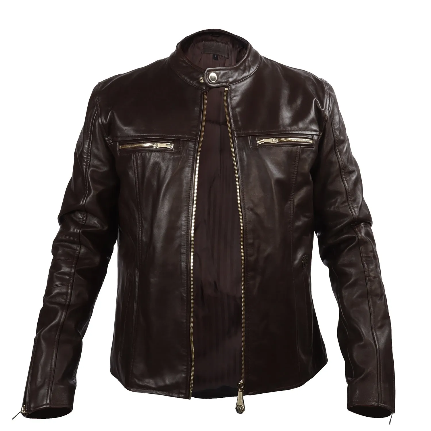 Brune & Bareskin Classic Dark Brown Leather Jacket with Ban Neck Collar and Front Zipper Pockets