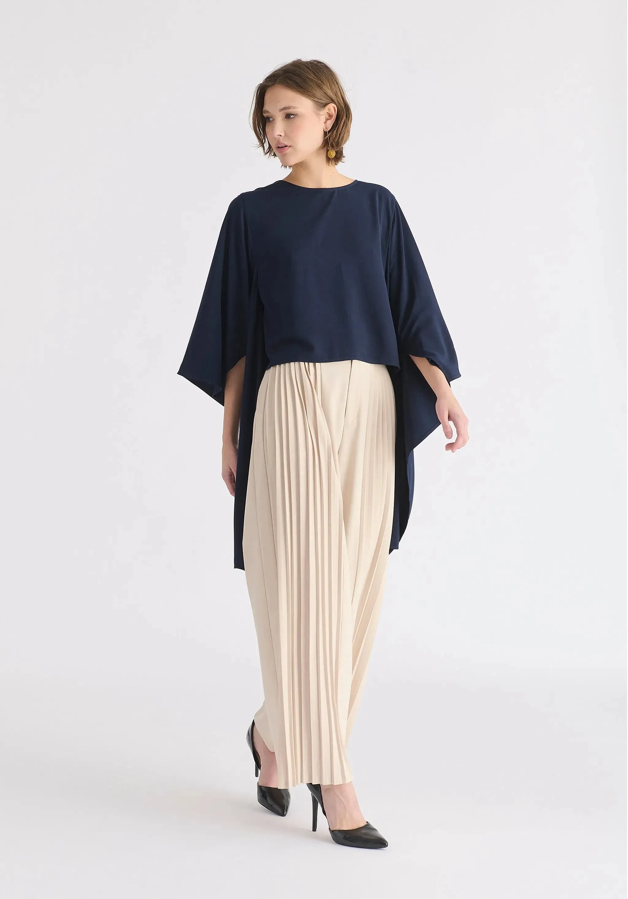 Cream Pleated Wide Leg Trousers