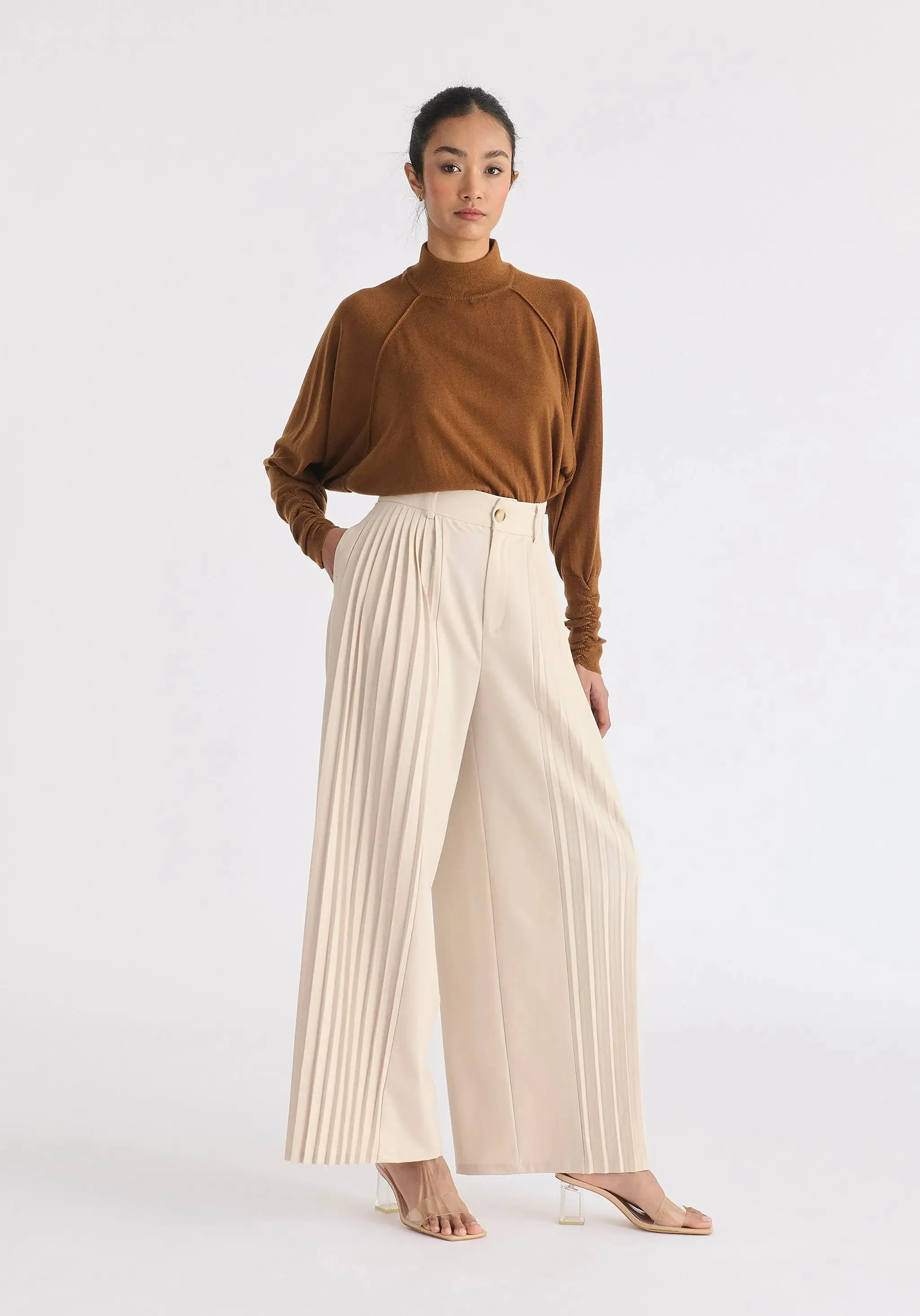 Cream Pleated Wide Leg Trousers