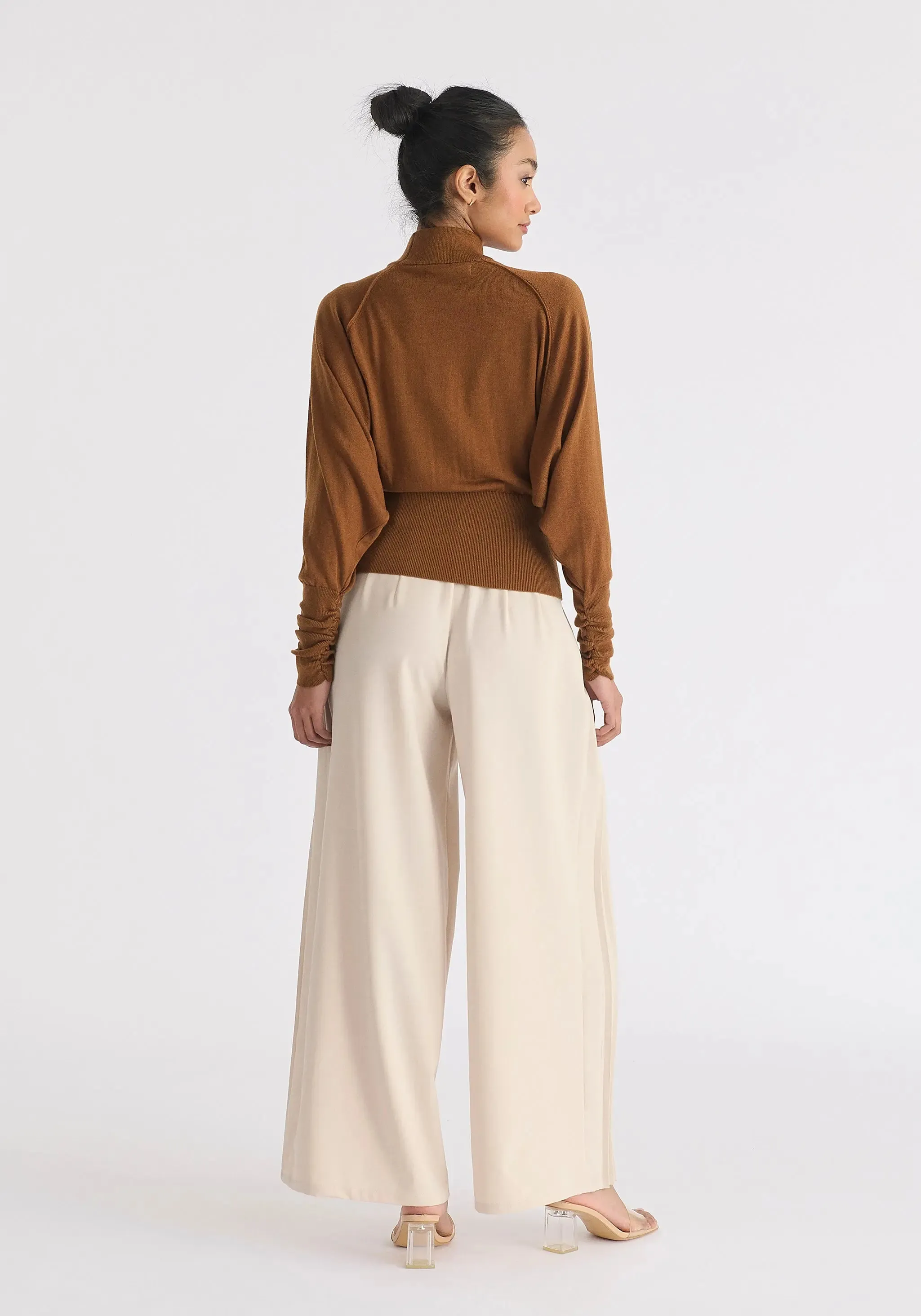 Cream Pleated Wide Leg Trousers