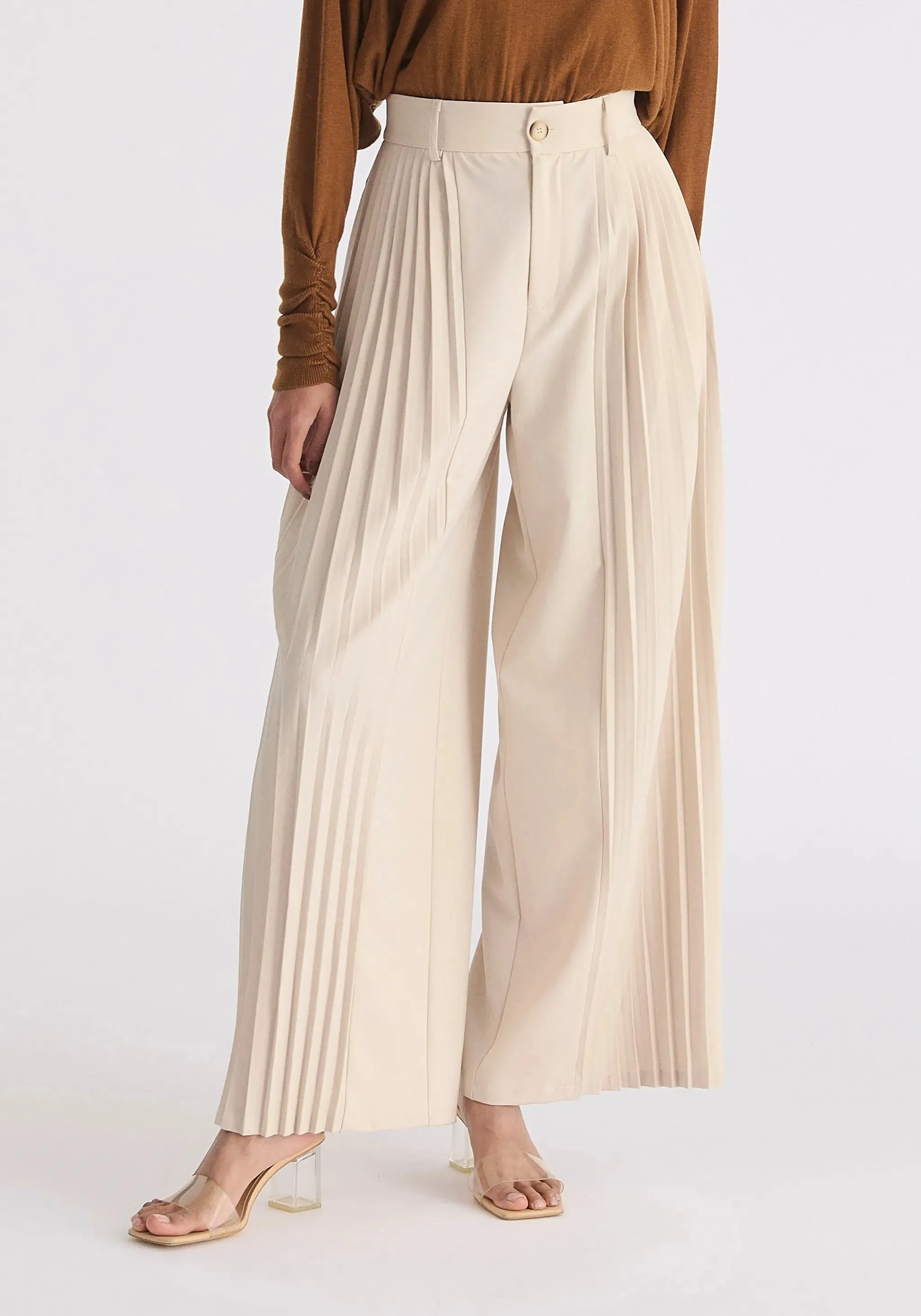 Cream Pleated Wide Leg Trousers