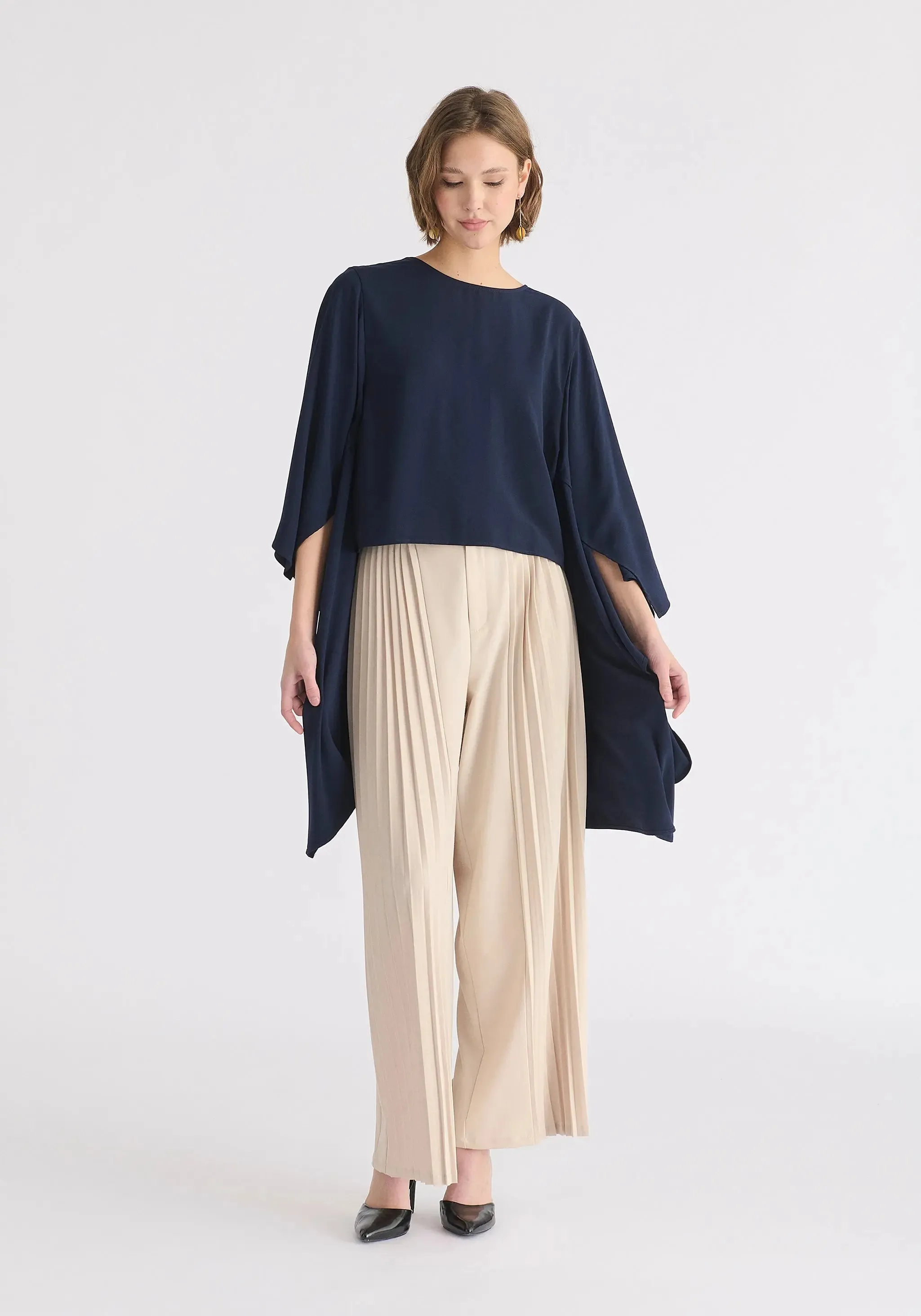 Cream Pleated Wide Leg Trousers