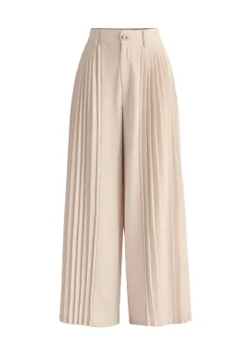 Cream Pleated Wide Leg Trousers