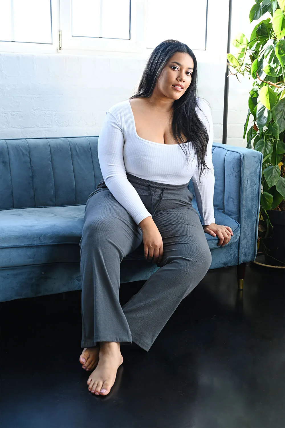 Curve Ribbed Wide Leg Trousers - Grey
