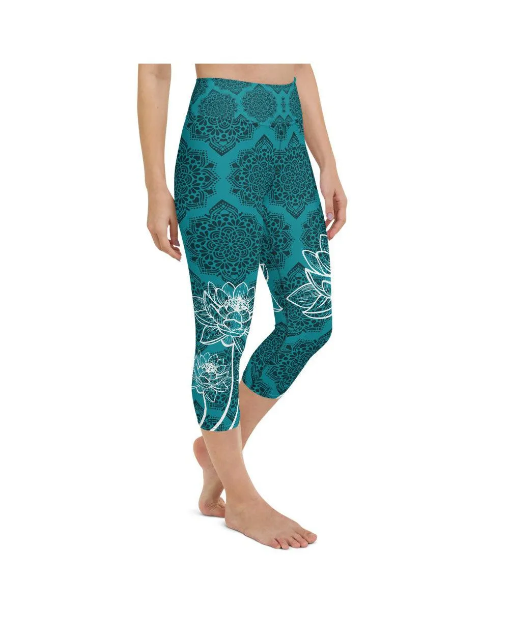 Cyan Blue Lotus Yoga Capris