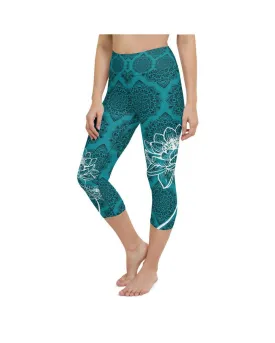 Cyan Blue Lotus Yoga Capris