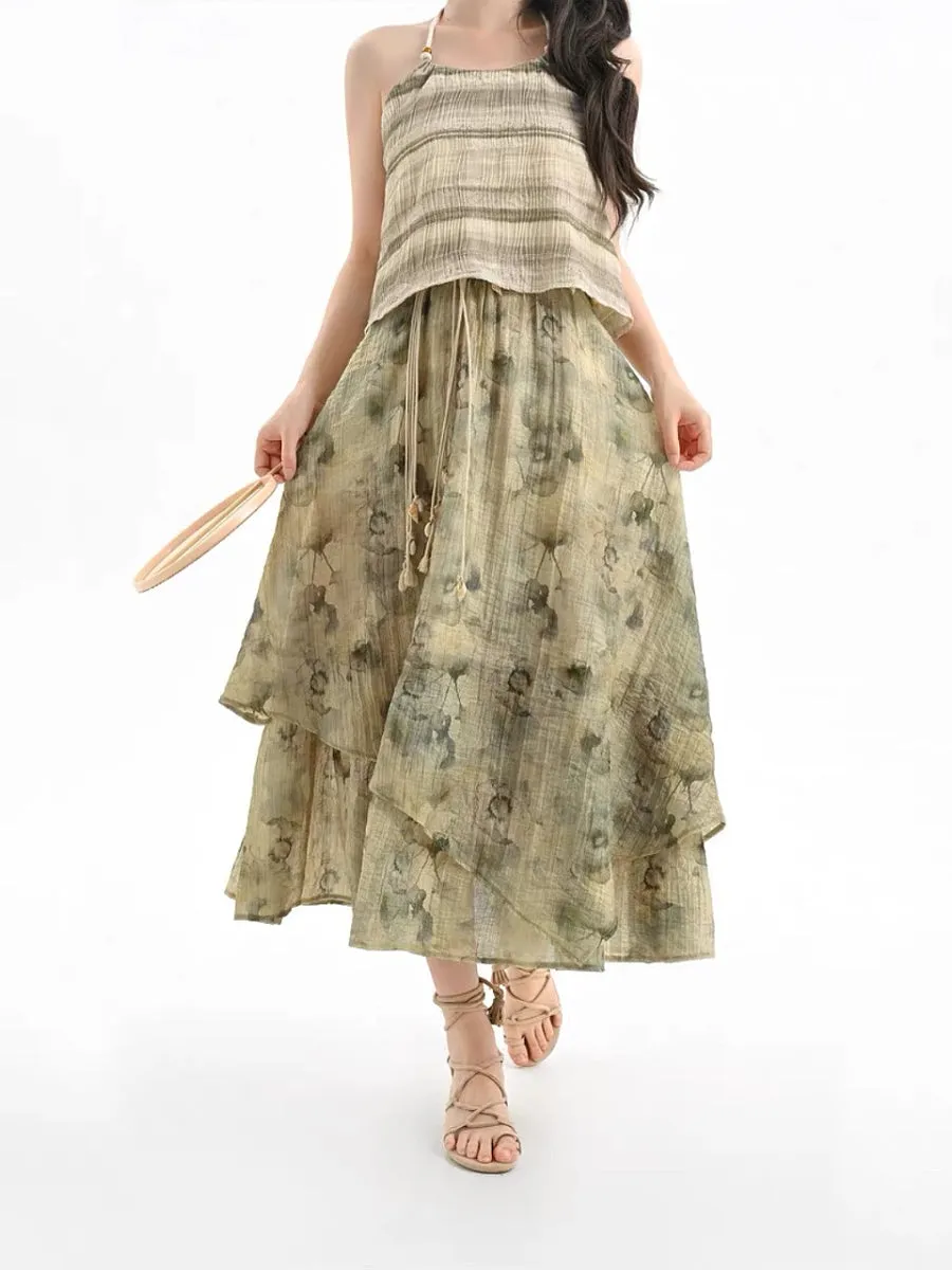 Dali Dream Ethnic Dye Midi Skirt with Belt