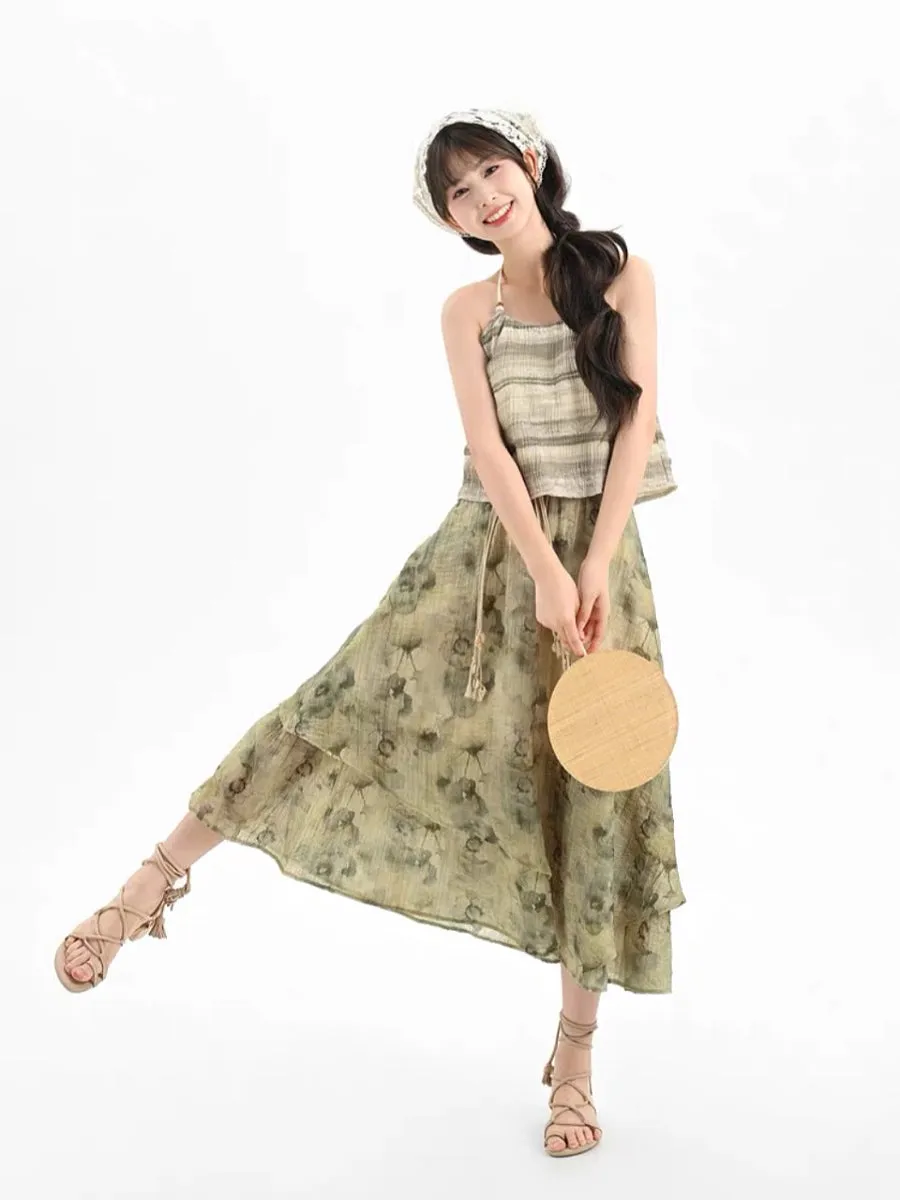 Dali Dream Ethnic Dye Midi Skirt with Belt