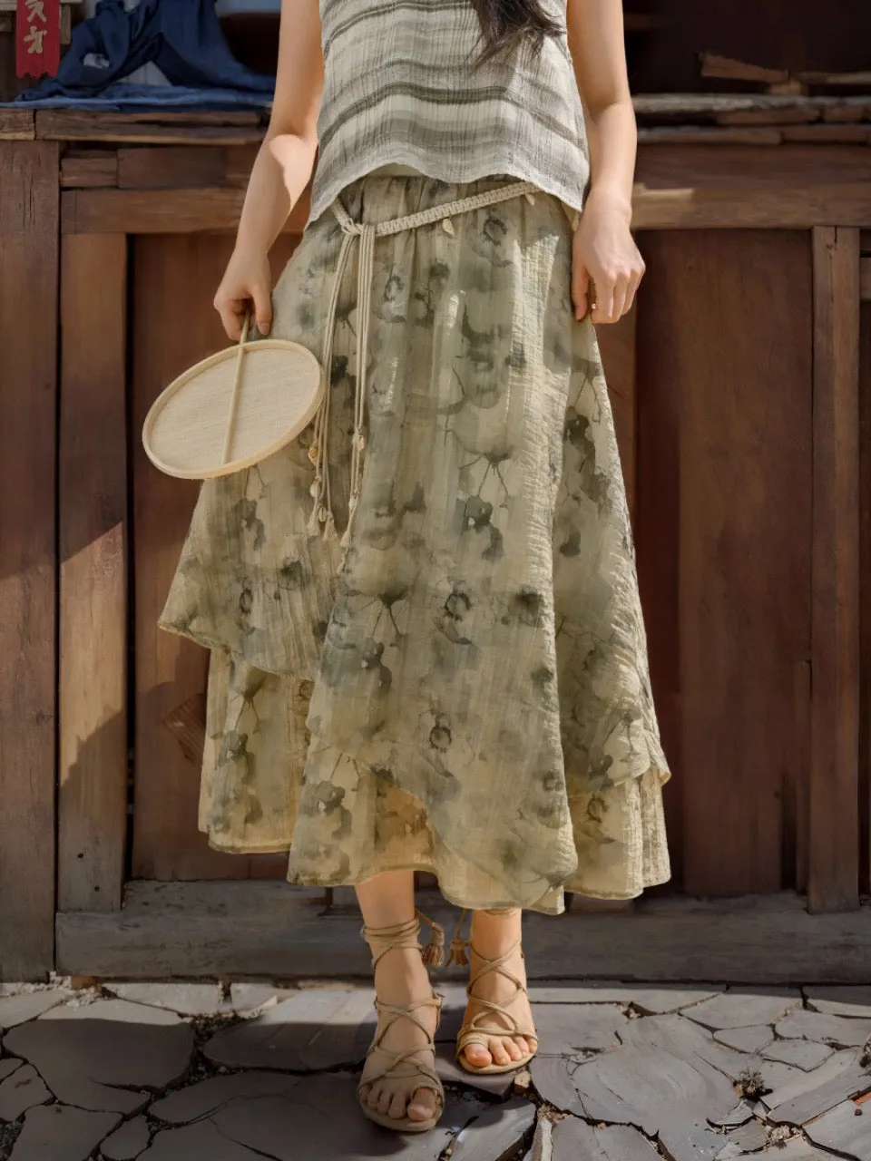 Dali Dream Ethnic Dye Midi Skirt with Belt