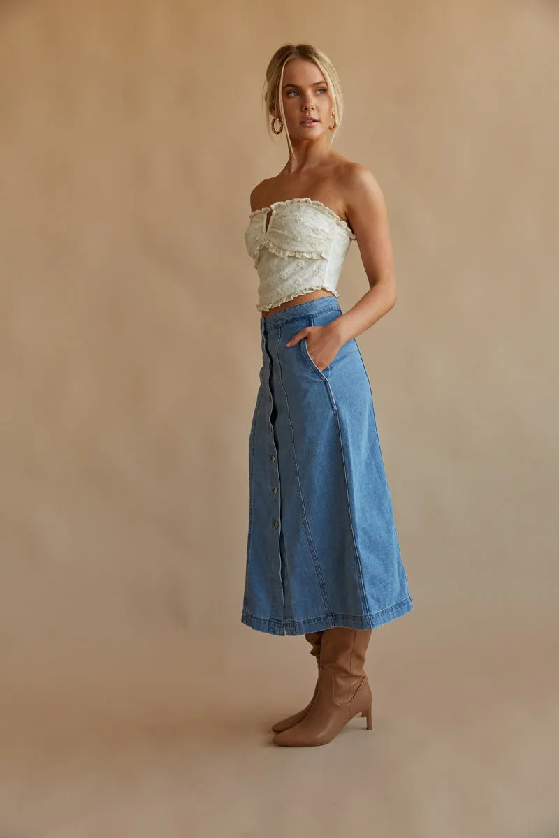 Darby Button Up Denim Midi Skirt