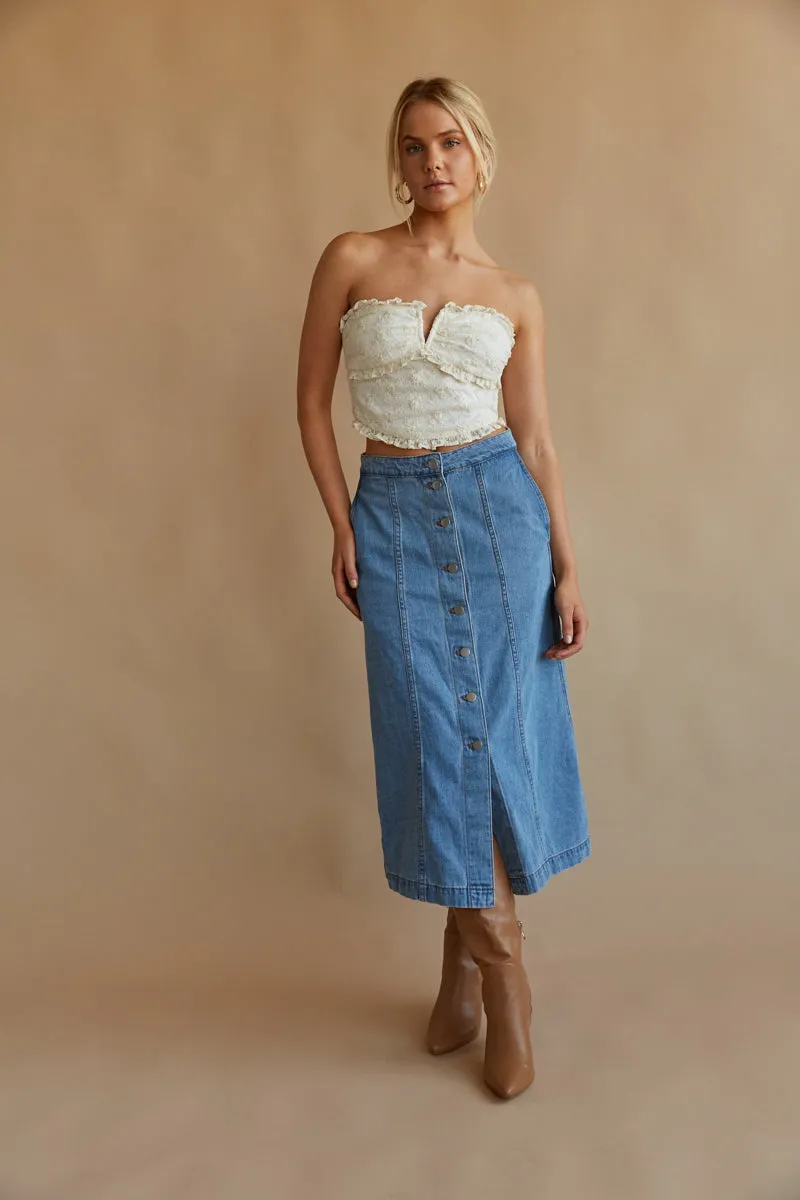 Darby Button Up Denim Midi Skirt