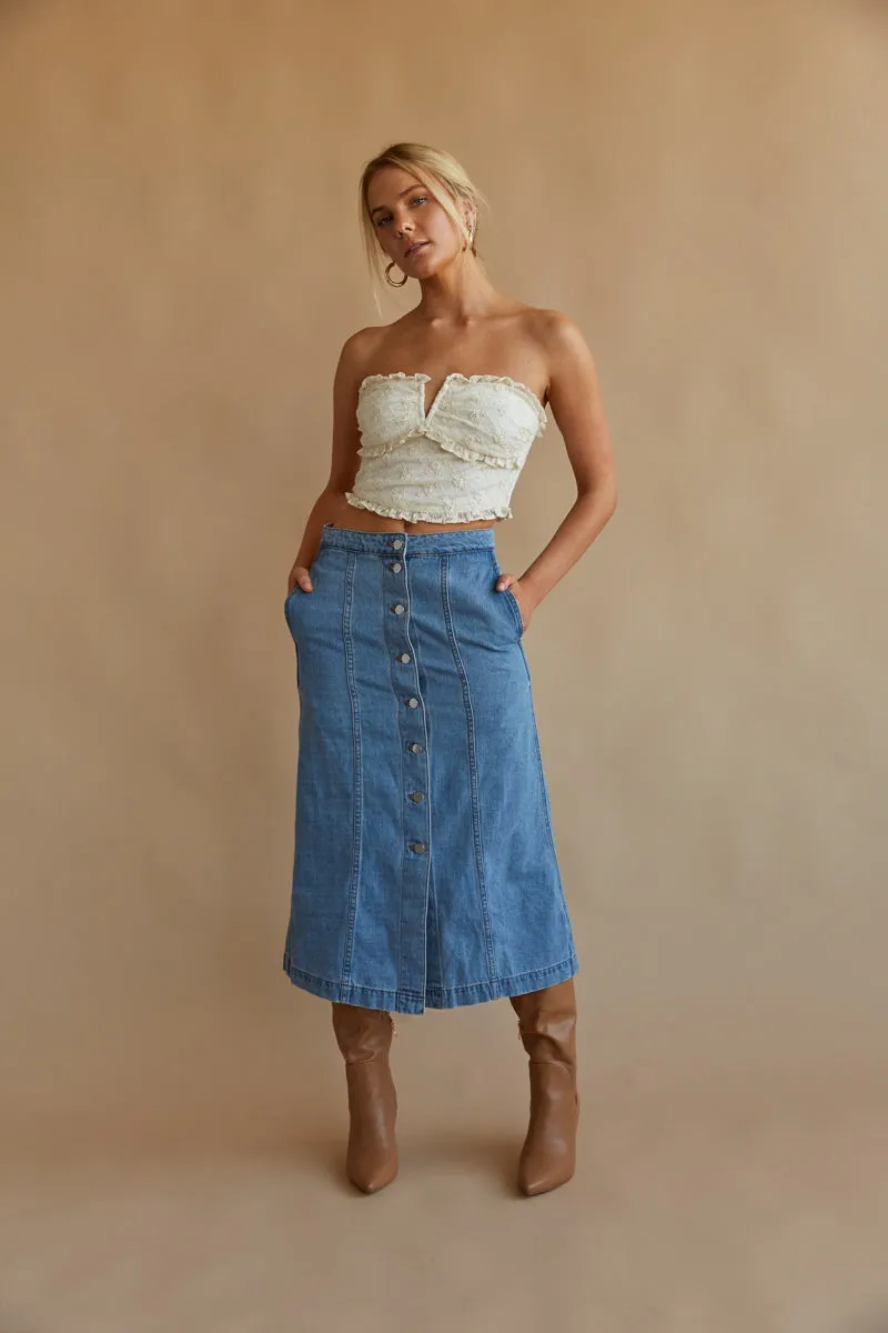 Darby Button Up Denim Midi Skirt