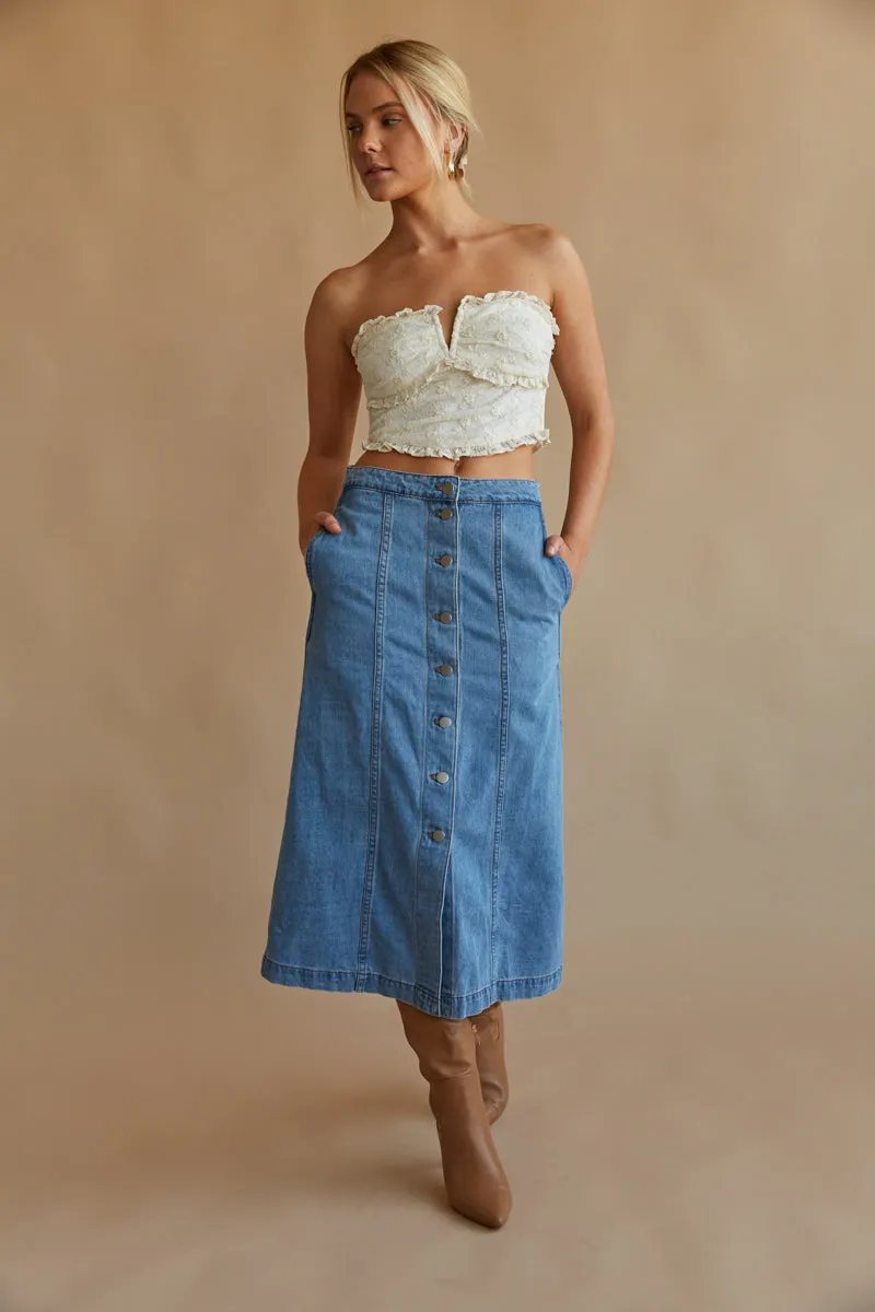 Darby Button Up Denim Midi Skirt