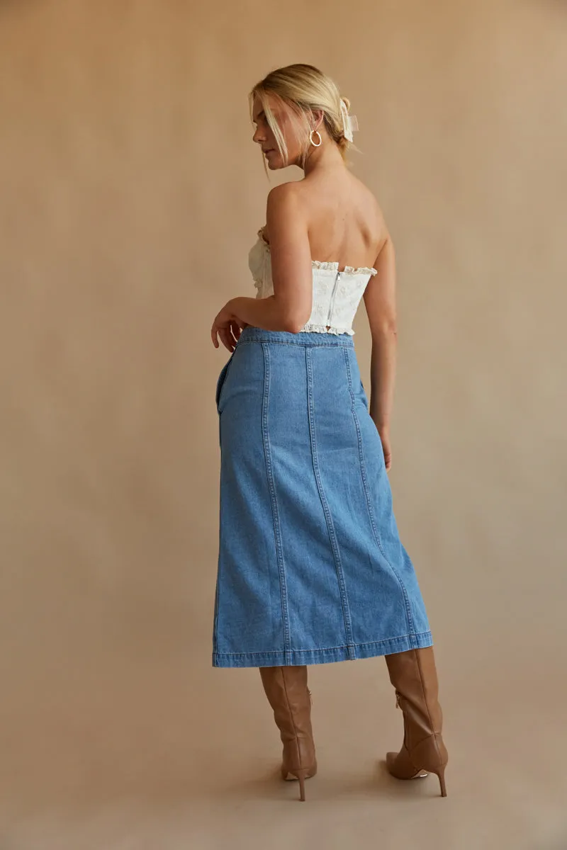 Darby Button Up Denim Midi Skirt