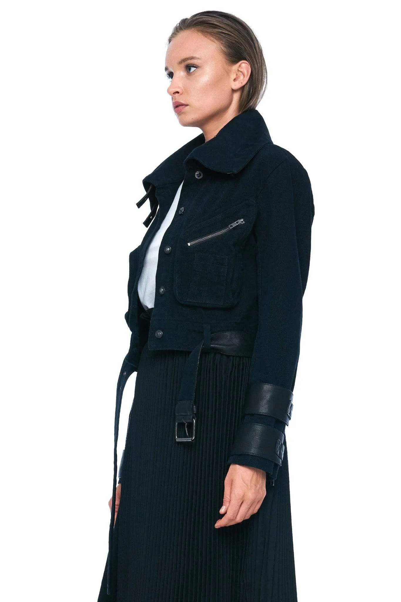 DENIM AND LEATHER BELTED MOTO JACKET IN BLACK