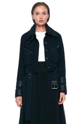 DENIM AND LEATHER BELTED MOTO JACKET IN BLACK
