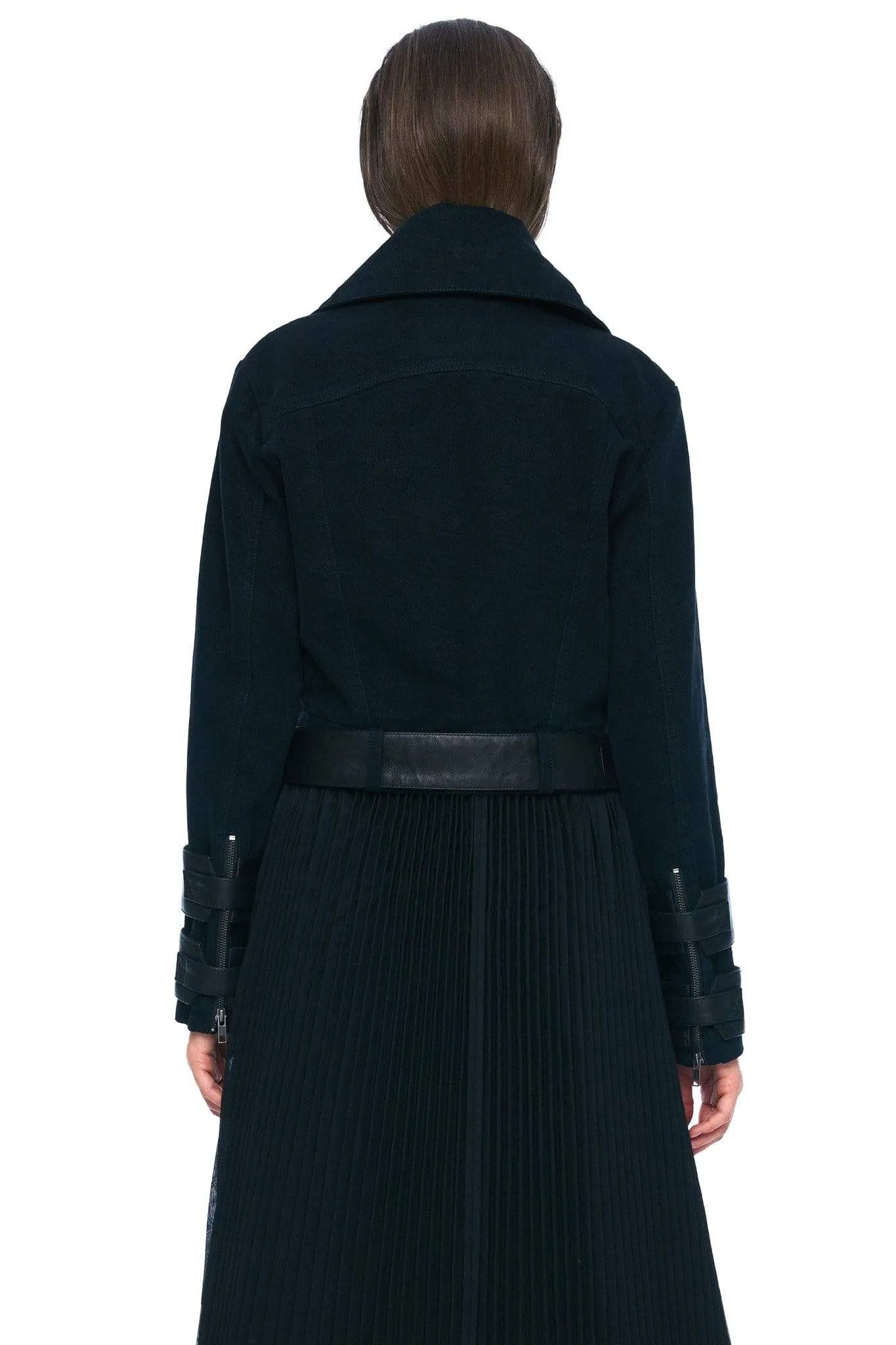 DENIM AND LEATHER BELTED MOTO JACKET IN BLACK
