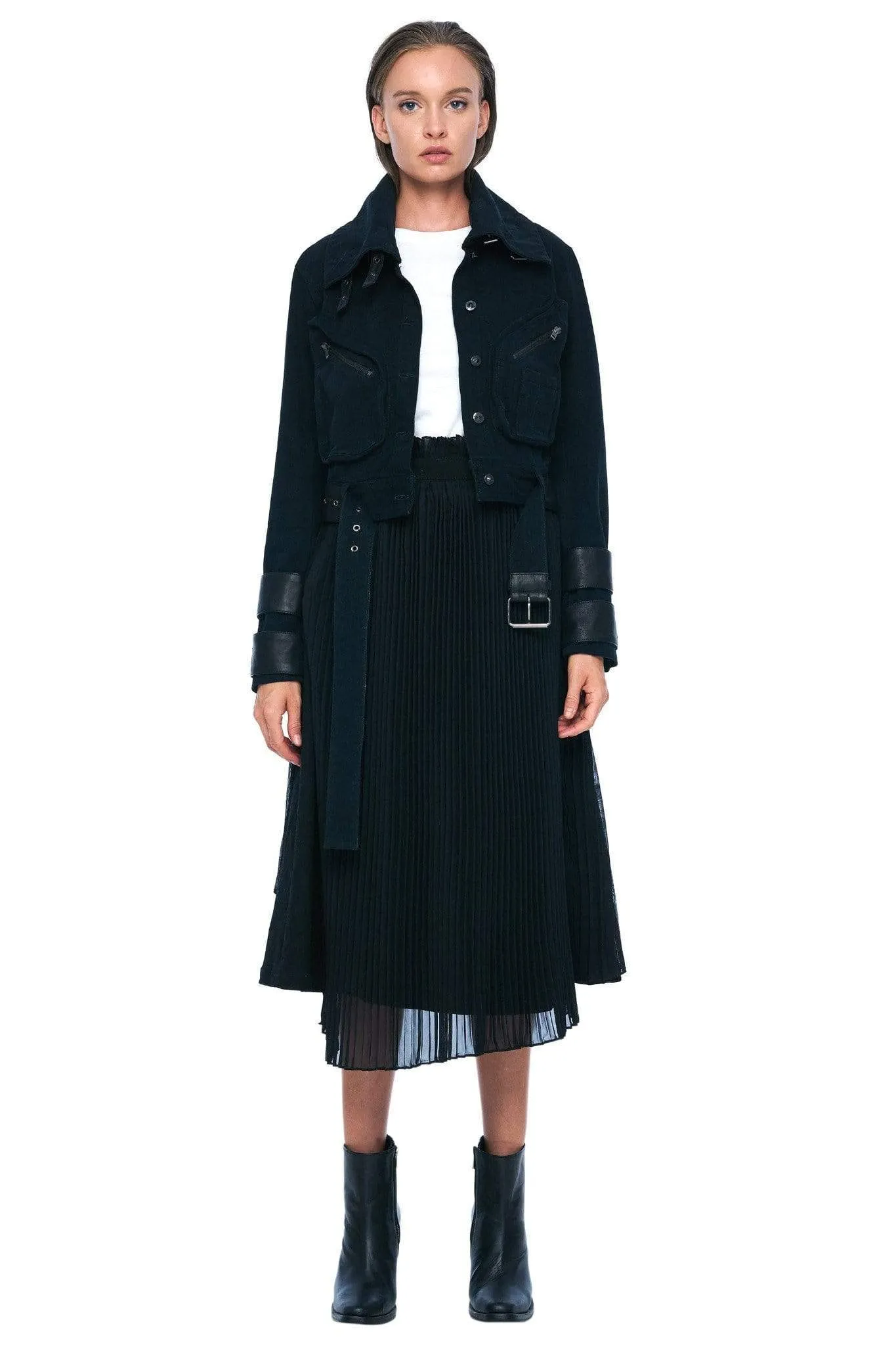 DENIM AND LEATHER BELTED MOTO JACKET IN BLACK
