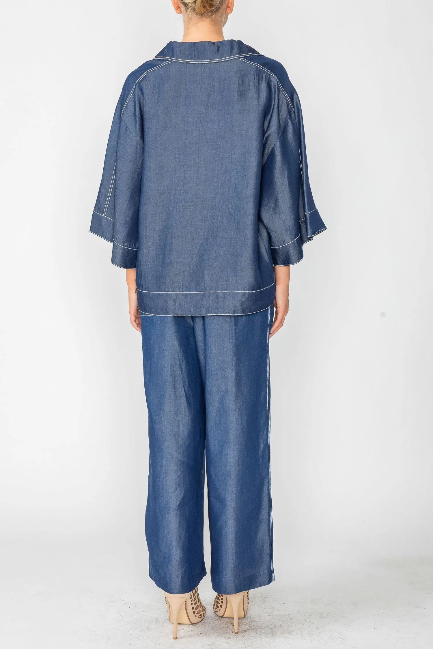 Denim Tencel Chambre Johny Collar Top