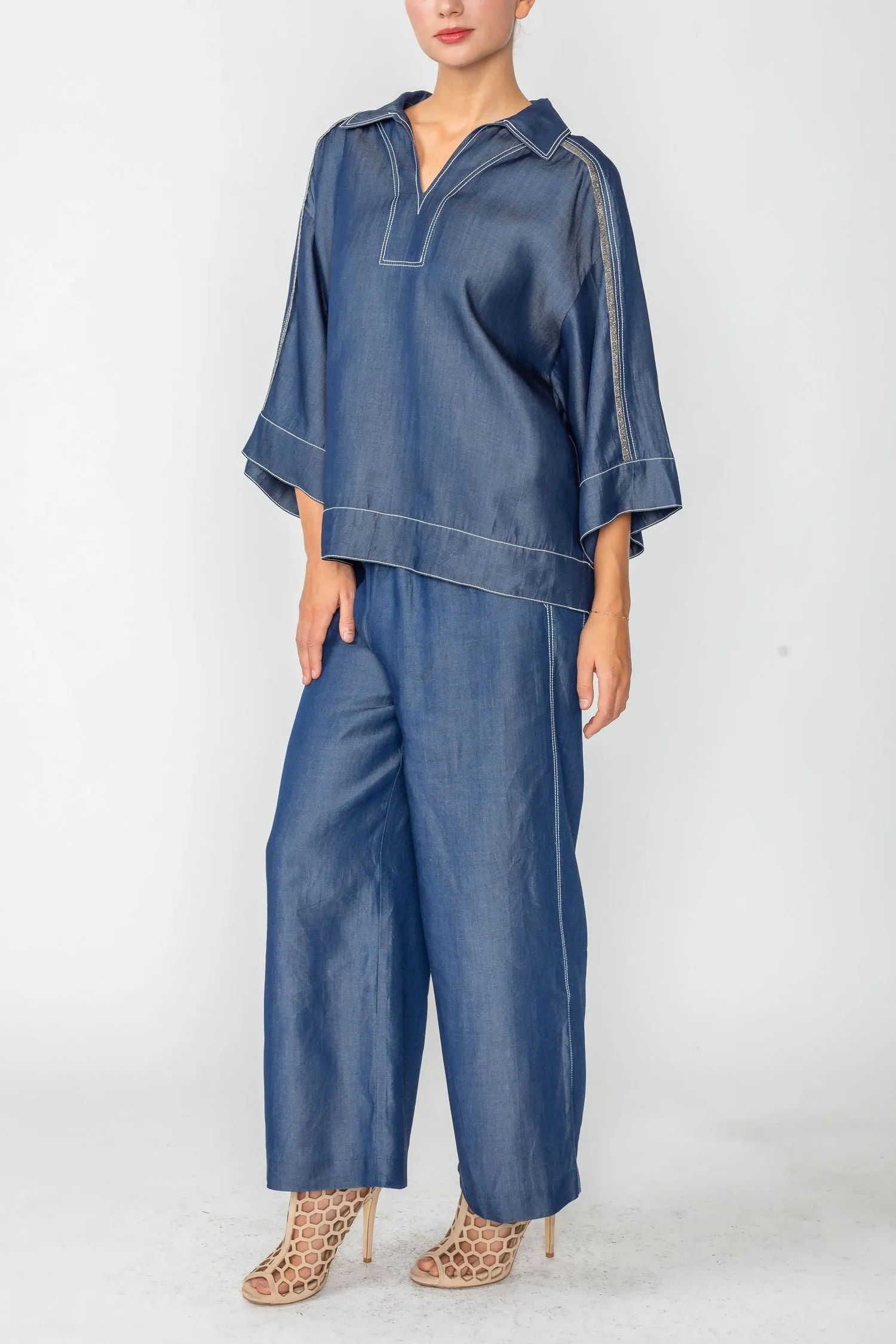 Denim Tencel Chambre Johny Collar Top