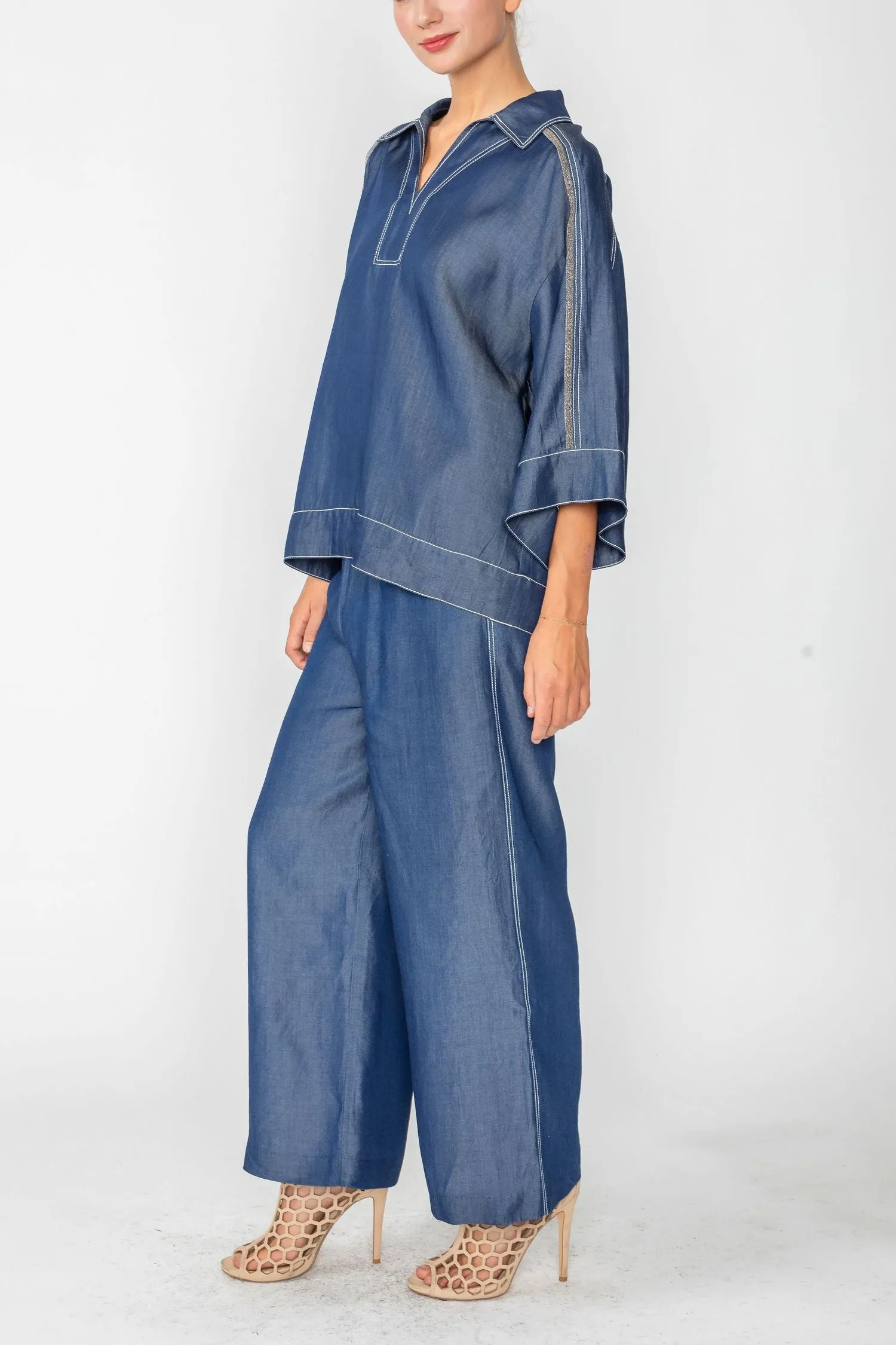 Denim Tencel Chambre Johny Collar Top