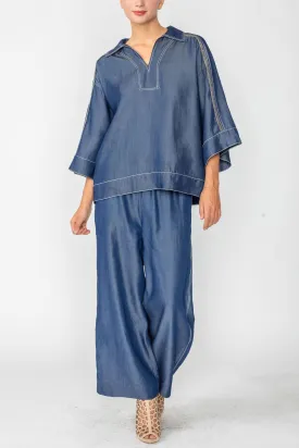 Denim Tencel Chambre Johny Collar Top