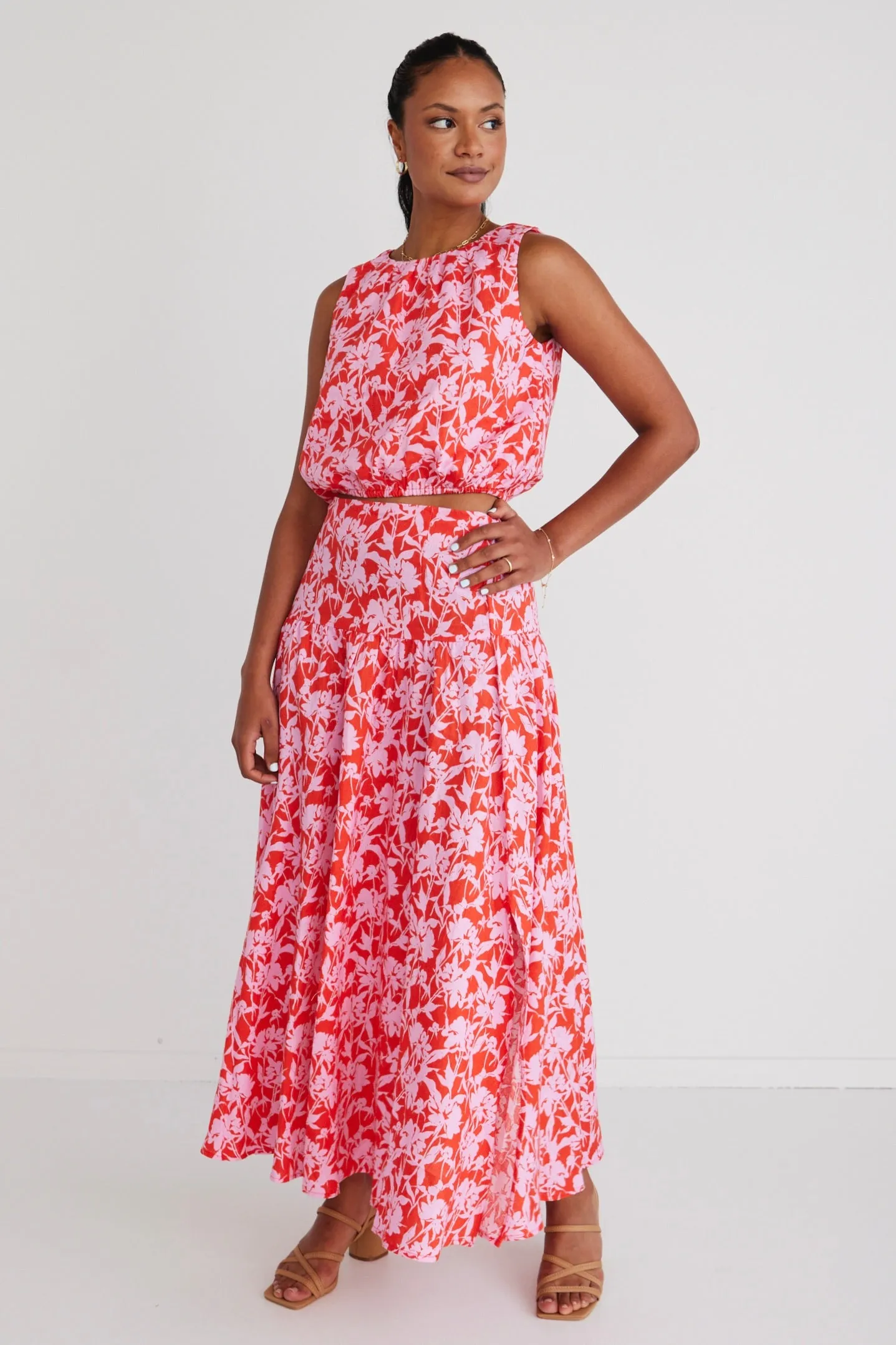 Chic Tiered Maxi Skirt with Edgy Floral Shadow Design