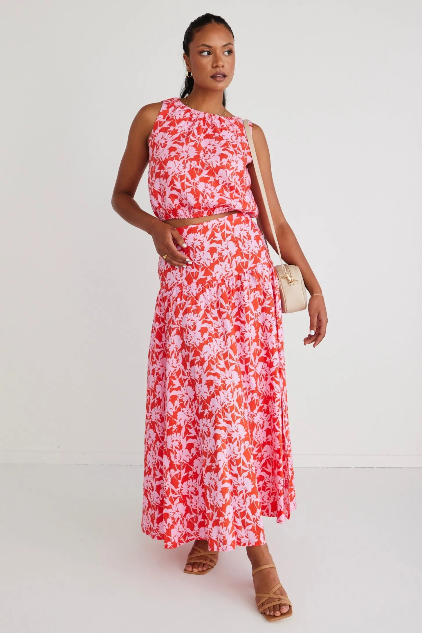 Chic Tiered Maxi Skirt with Edgy Floral Shadow Design
