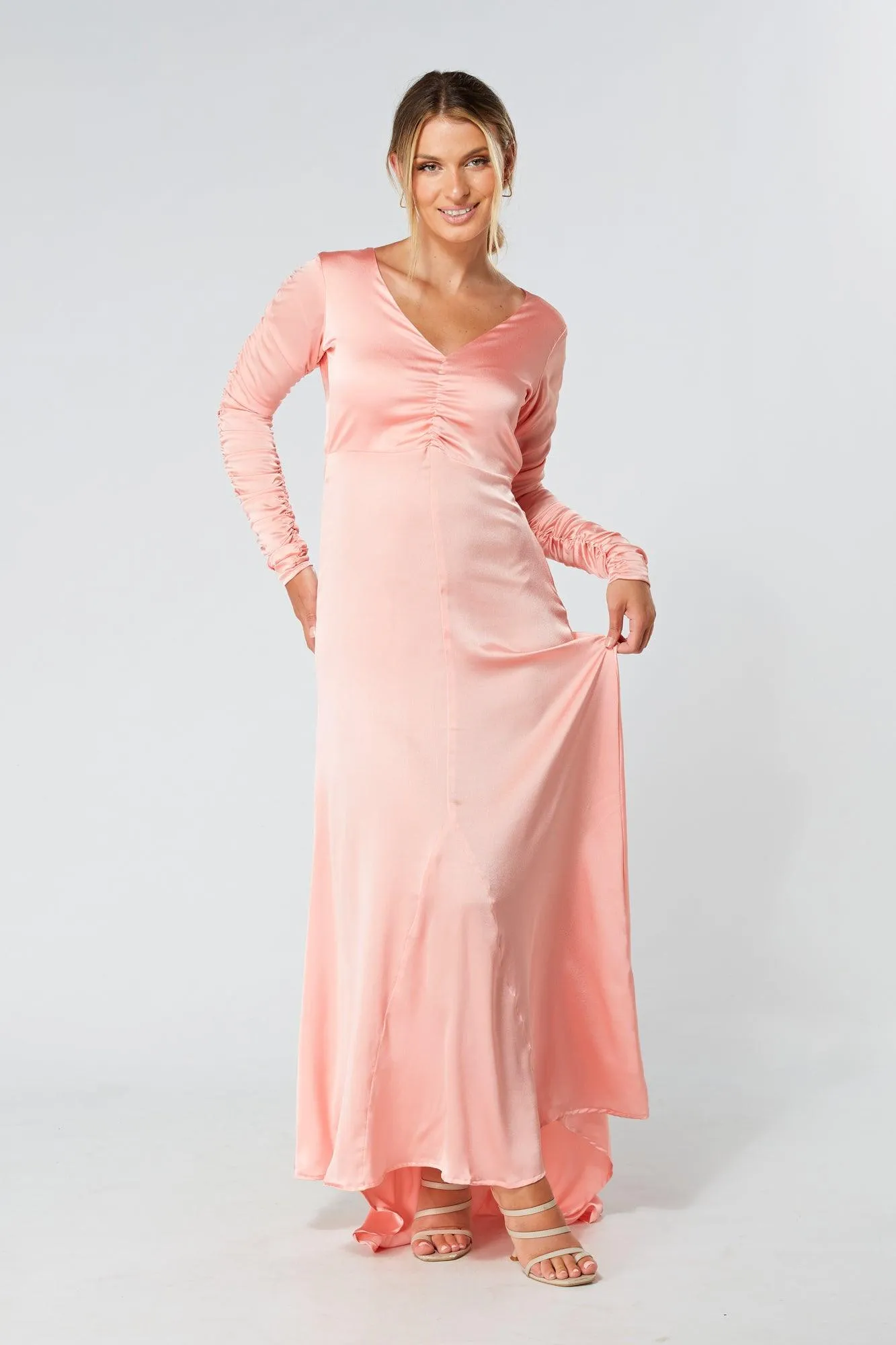 Ella Blush Nude Crepe Maxi Dress With Ruched Detail