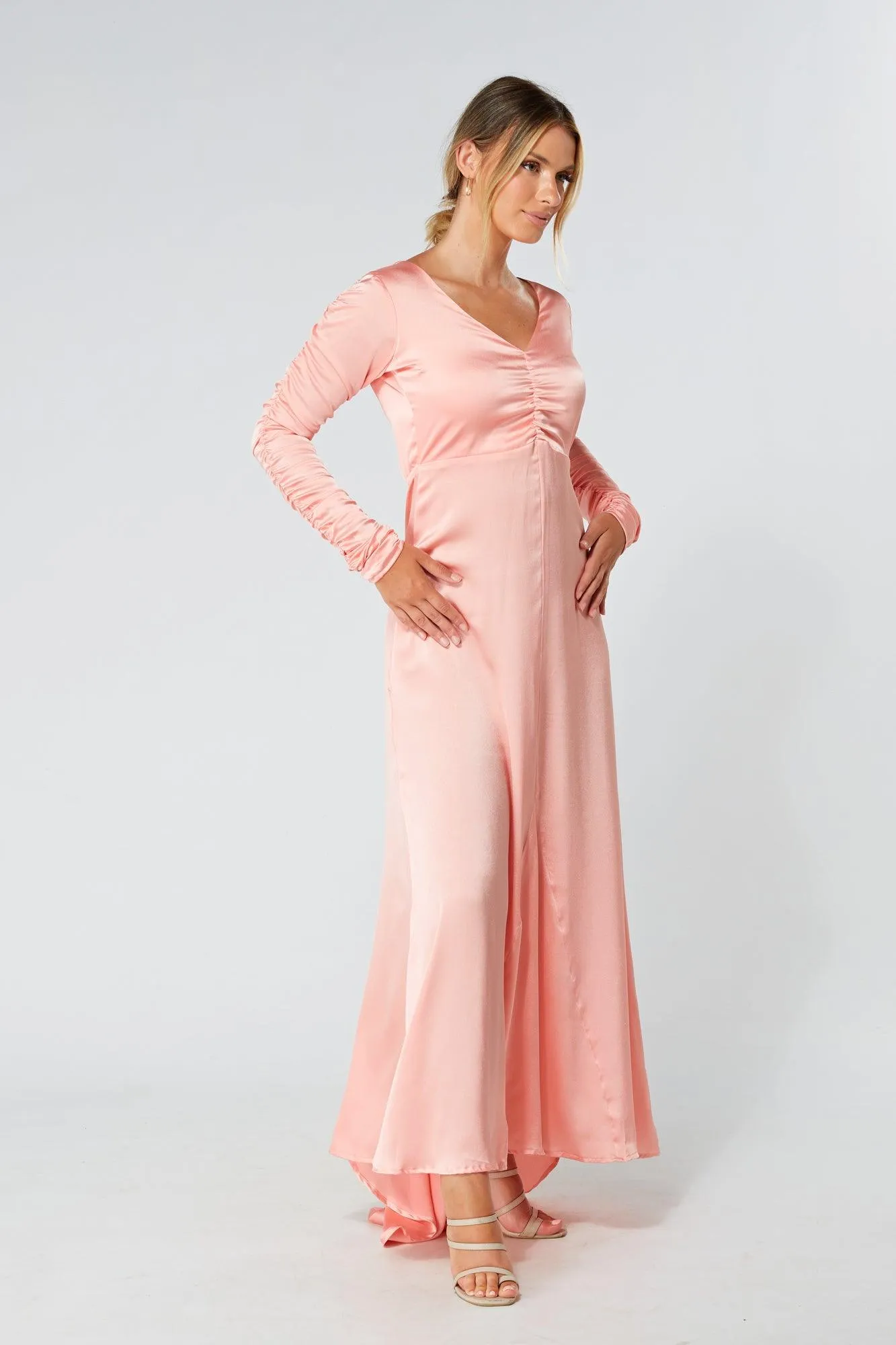 Ella Blush Nude Crepe Maxi Dress With Ruched Detail