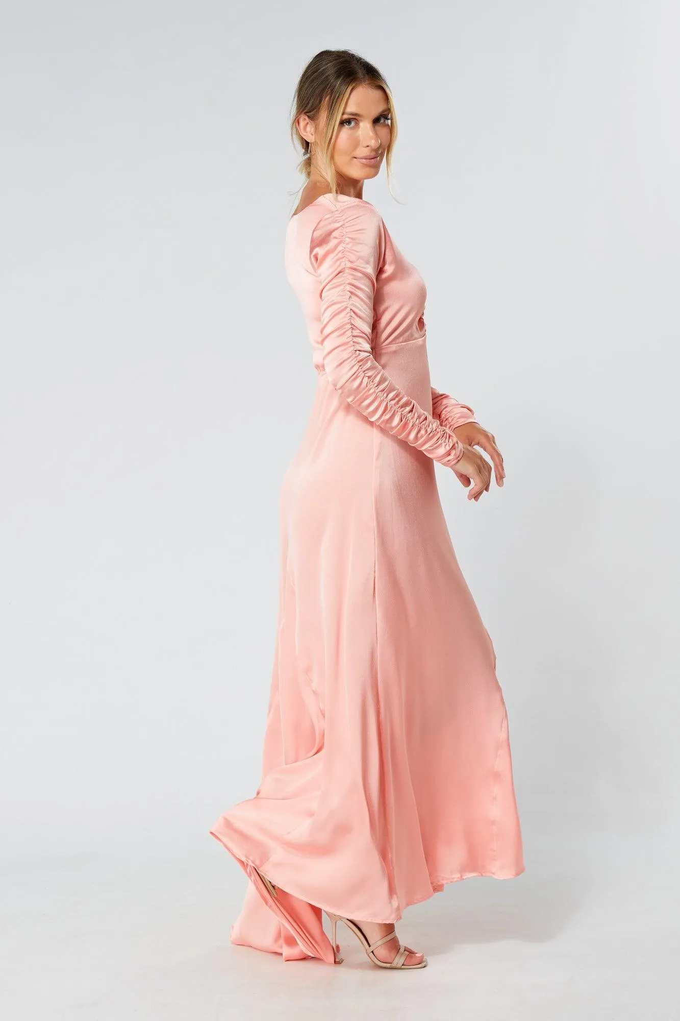 Ella Blush Nude Crepe Maxi Dress With Ruched Detail