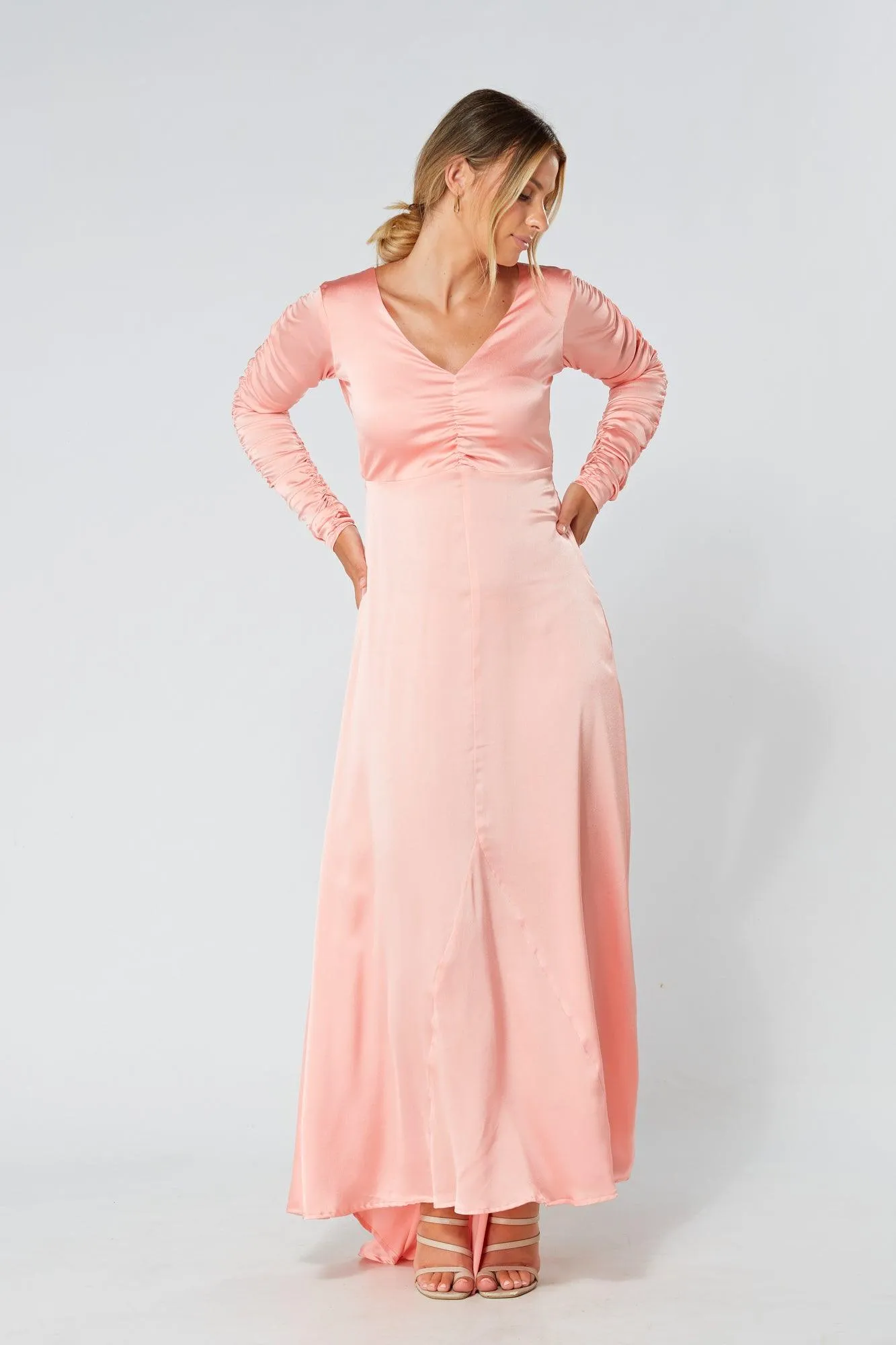Ella Blush Nude Crepe Maxi Dress With Ruched Detail