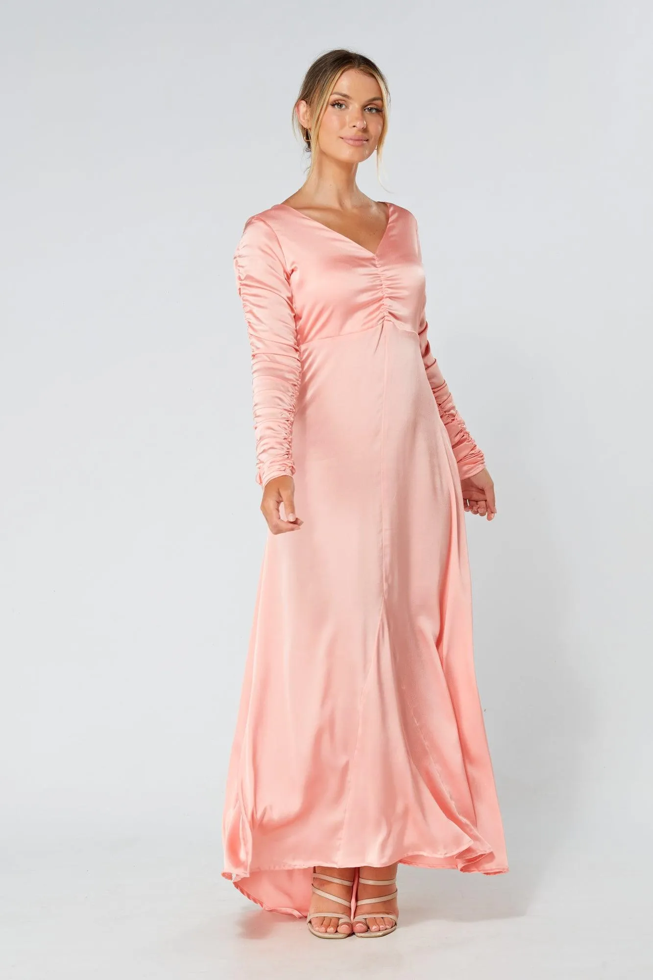 Ella Blush Nude Crepe Maxi Dress With Ruched Detail