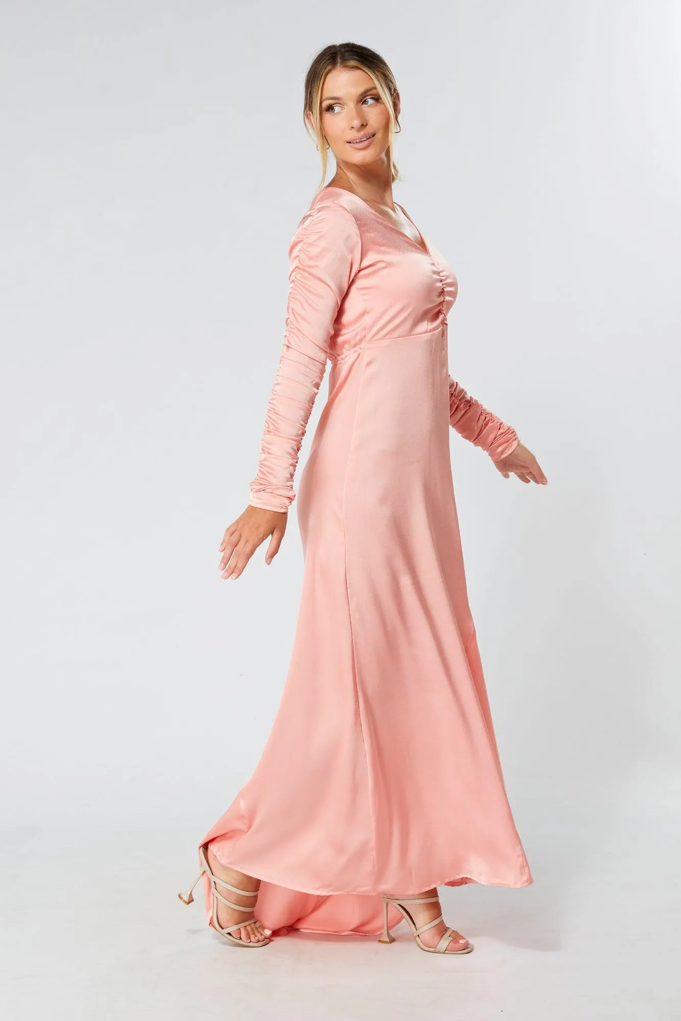Ella Blush Nude Crepe Maxi Dress With Ruched Detail