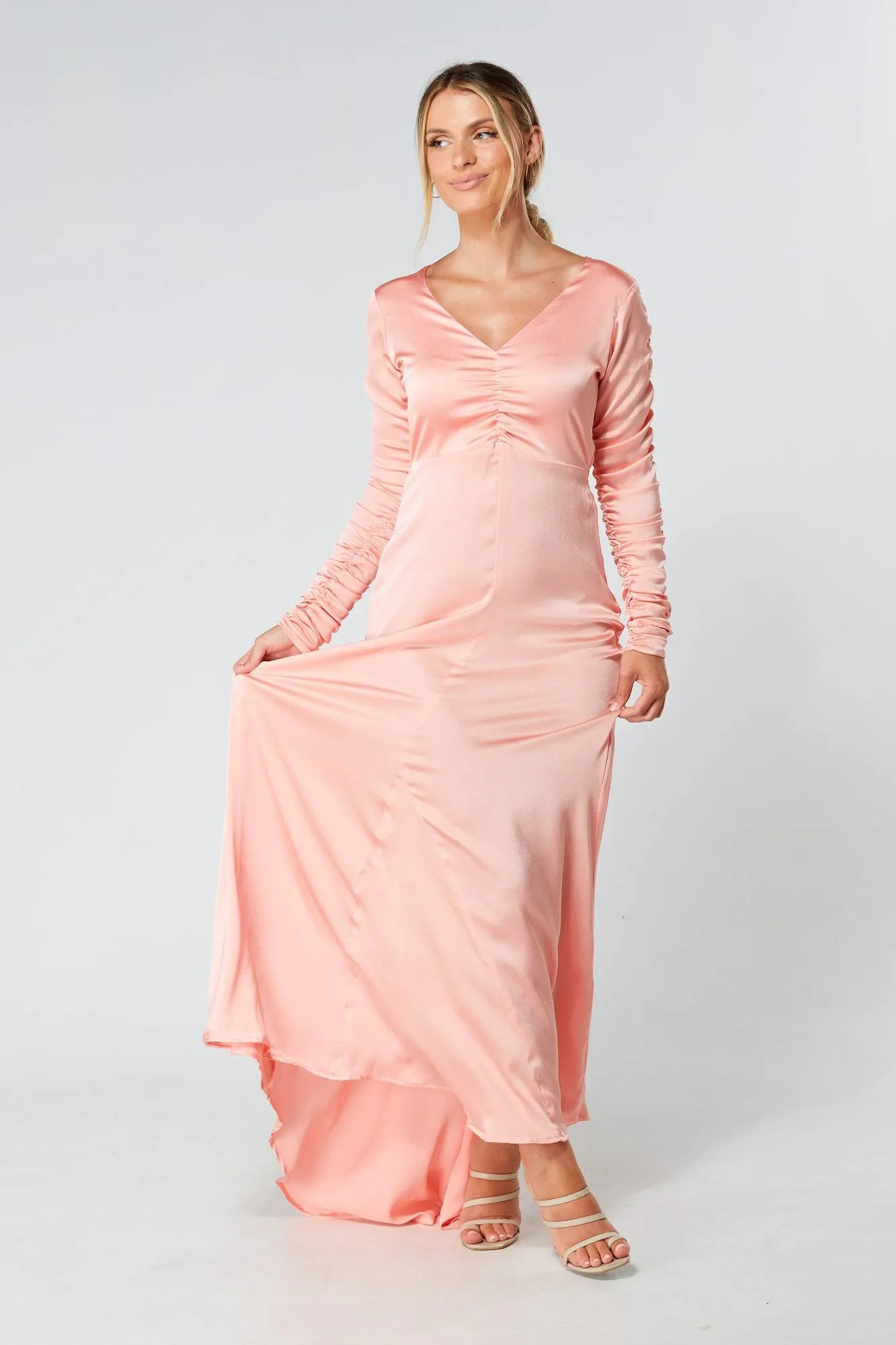 Ella Blush Nude Crepe Maxi Dress With Ruched Detail