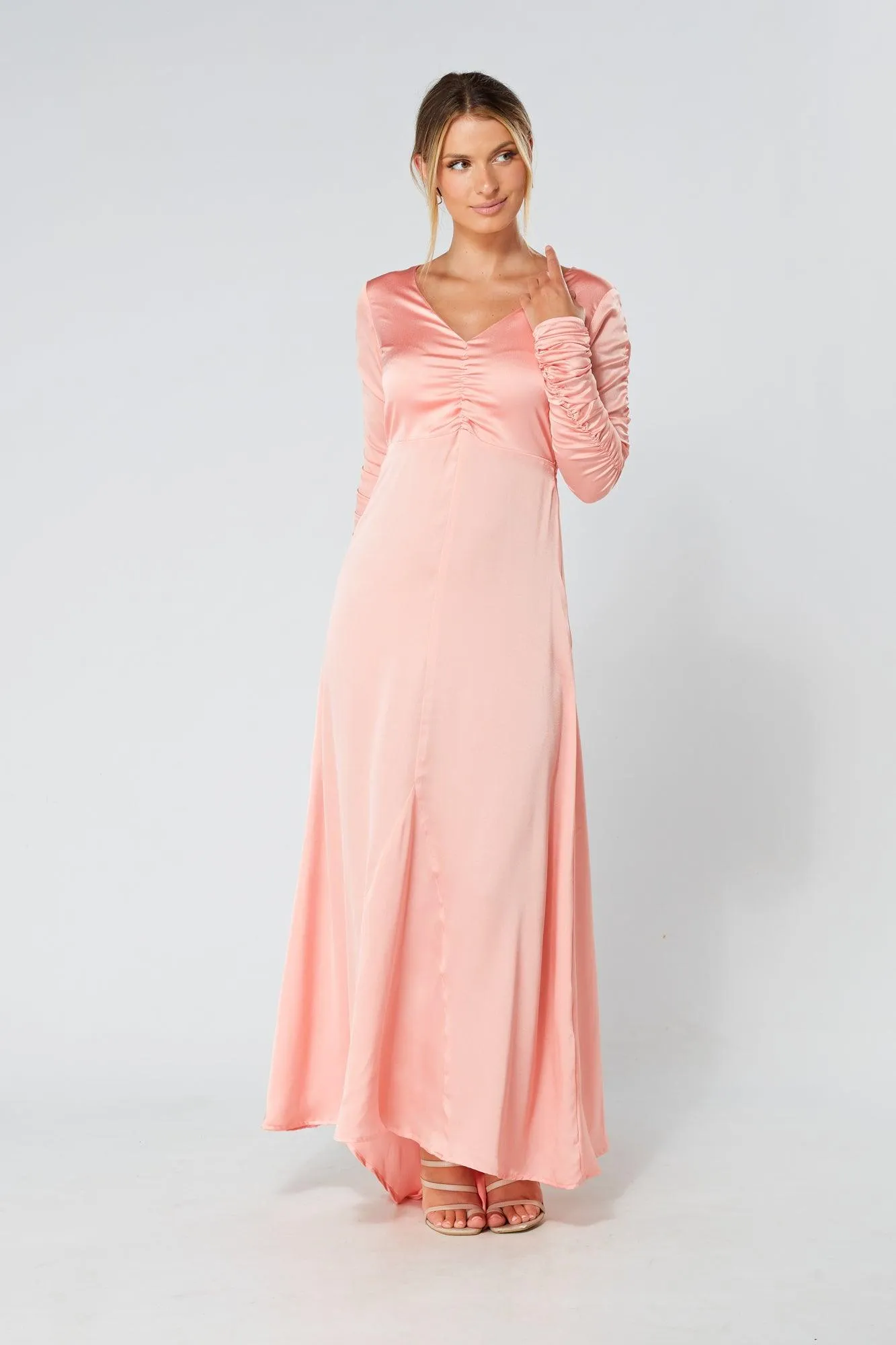 Ella Blush Nude Crepe Maxi Dress With Ruched Detail