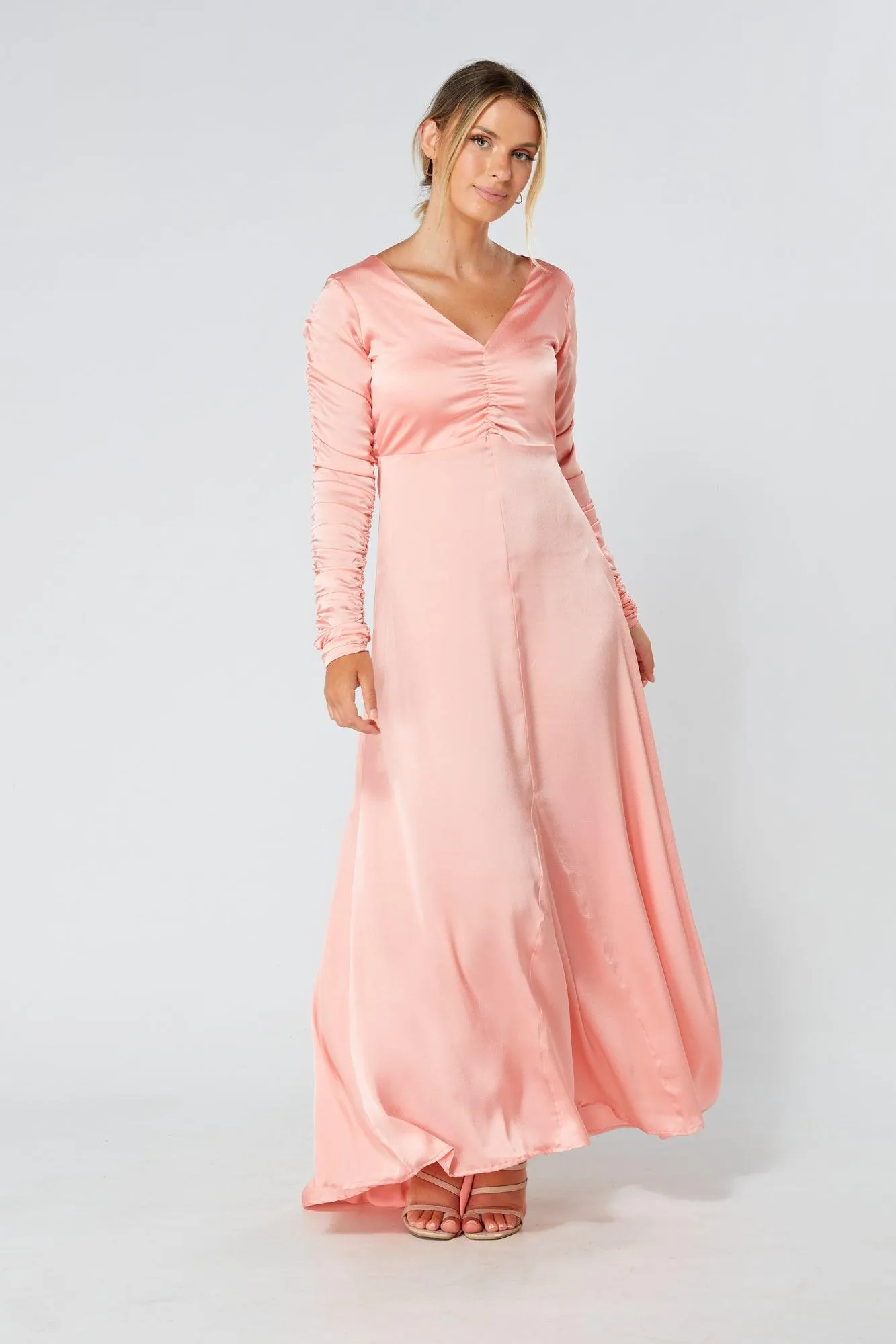 Ella Blush Nude Crepe Maxi Dress With Ruched Detail