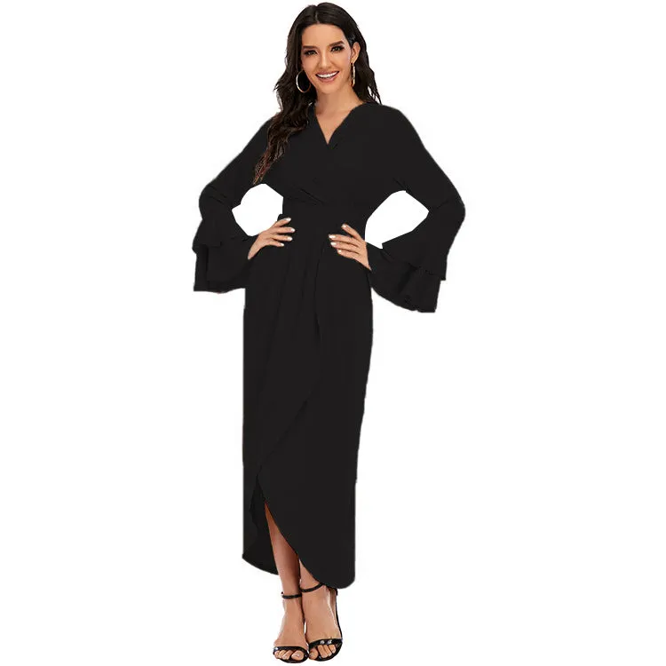 Fashion Pleated Bell Sleeve Irregular Tie Dress
