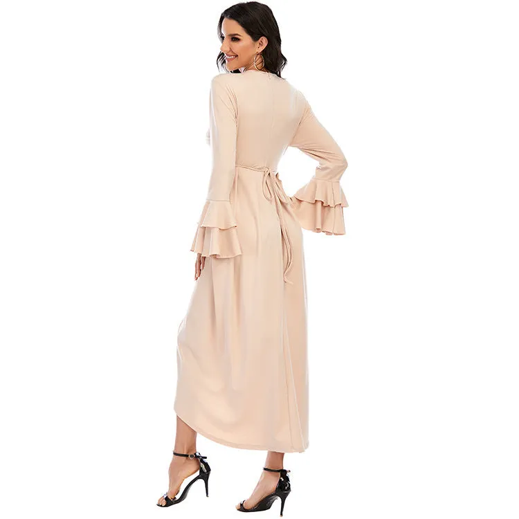 Fashion Pleated Bell Sleeve Irregular Tie Dress