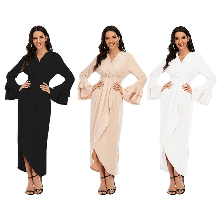 Fashion Pleated Bell Sleeve Irregular Tie Dress