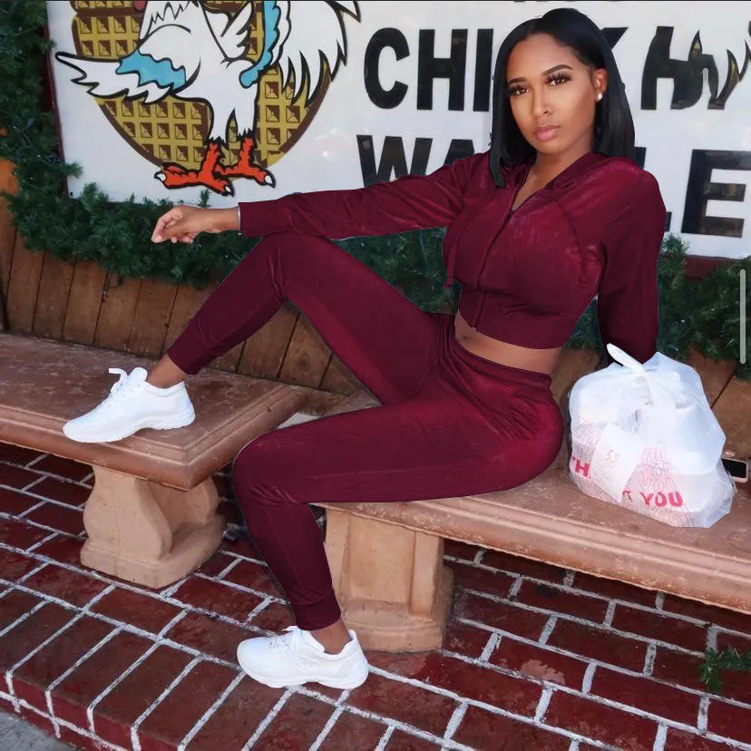Fashion velvet hooded jacket and trousers two-piece