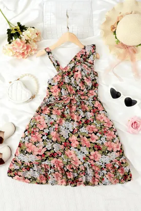 Floral Asymmetrical Neck Ruffled Dress