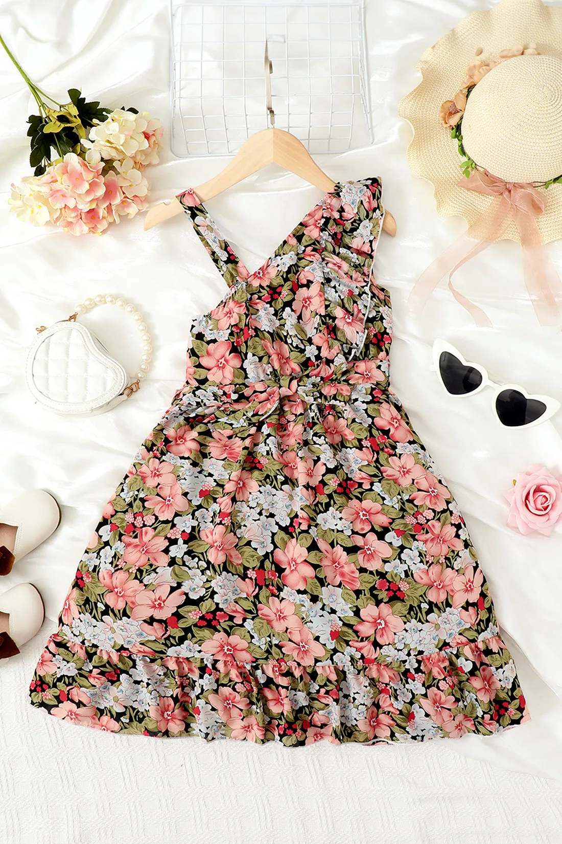 Floral Asymmetrical Neck Ruffled Dress