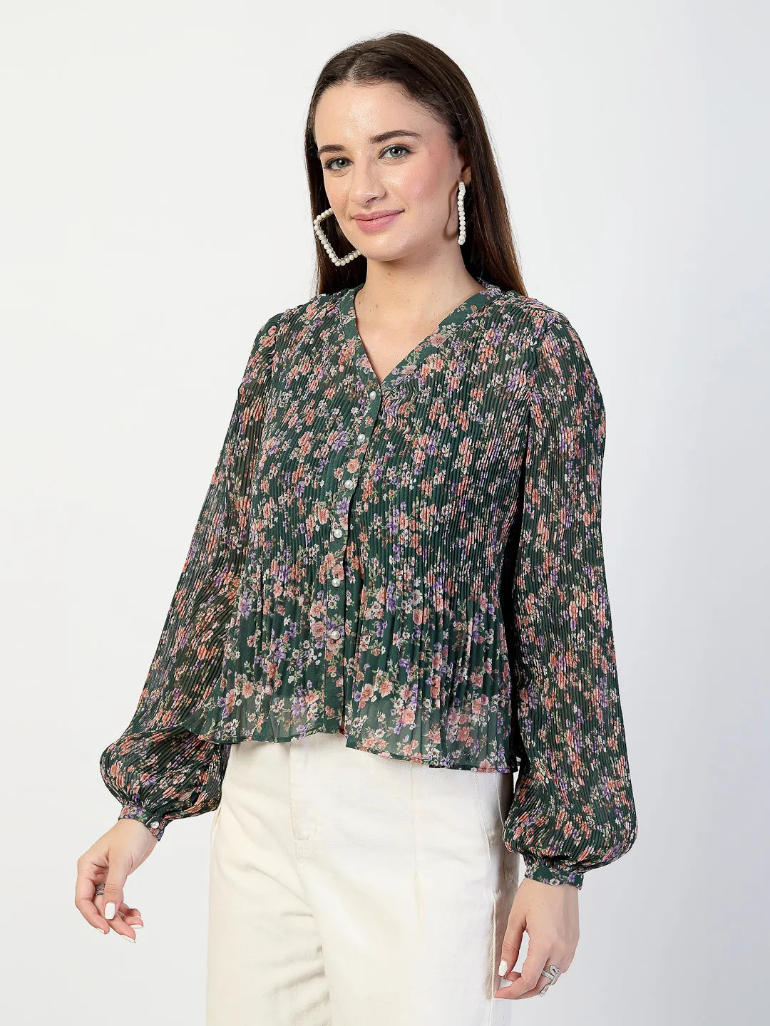 Floral Print Bishop Sleeves Chiffon Pleated Top