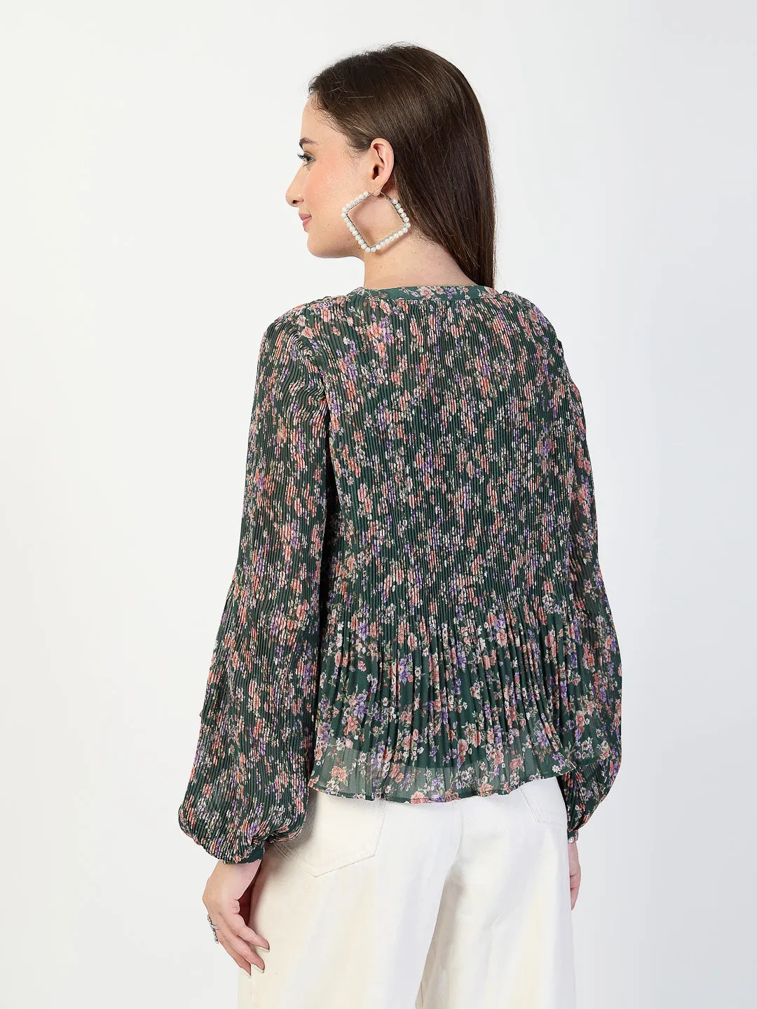Floral Print Bishop Sleeves Chiffon Pleated Top