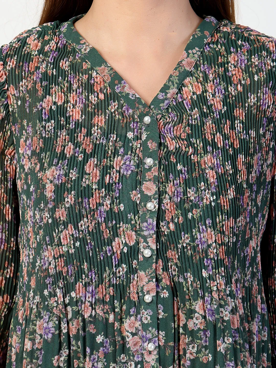 Floral Print Bishop Sleeves Chiffon Pleated Top