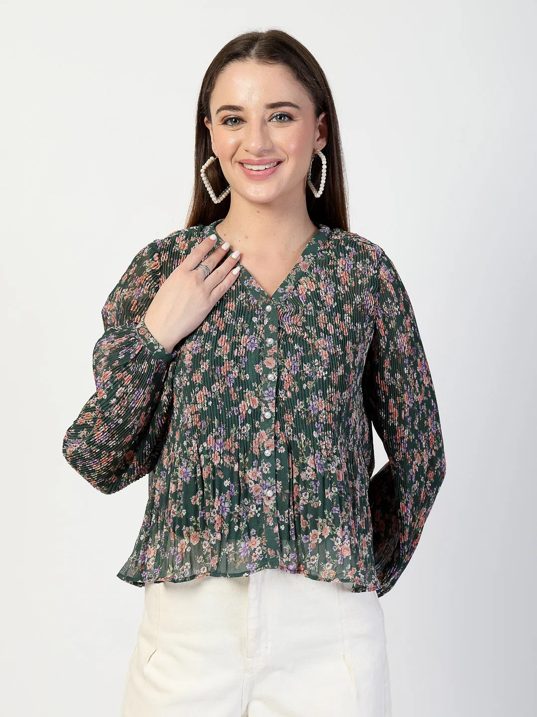 Floral Print Bishop Sleeves Chiffon Pleated Top