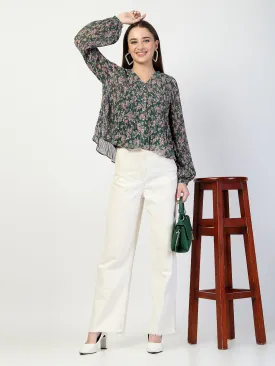 Floral Print Bishop Sleeves Chiffon Pleated Top